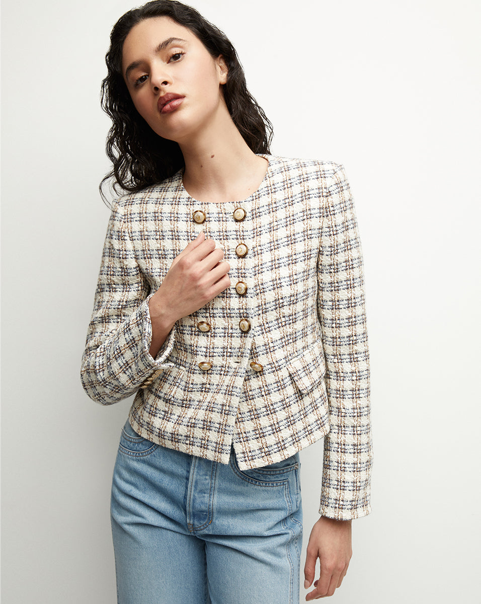 Veronica Beard Leather Sleeve Tweed shops Blazer Jacket