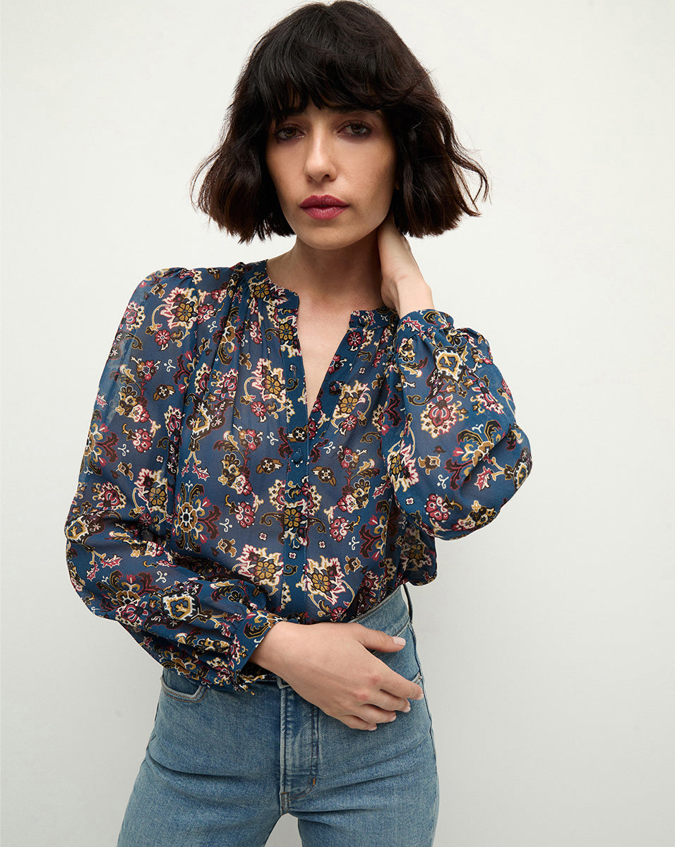 Store Veronica Beard Blouse Silk Floral Ruche Long Sleeve Top Blue Size 0