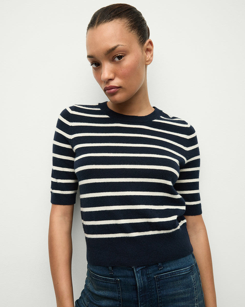 Shana Cashmere Striped Half Sleeve Sweater in Navy/Ivory