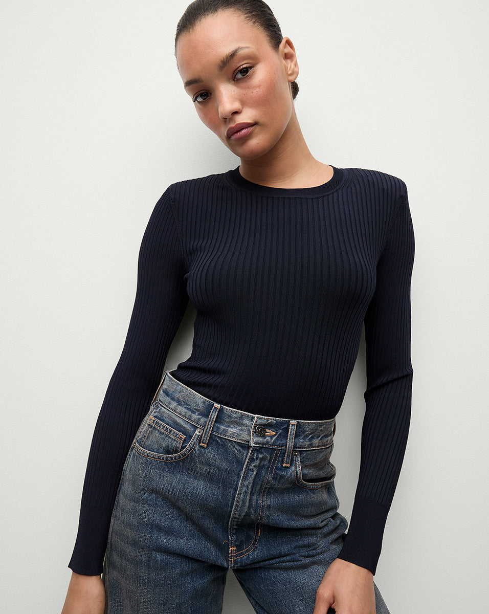 Acara Ribbed Pullover in Navy Veronica Beard