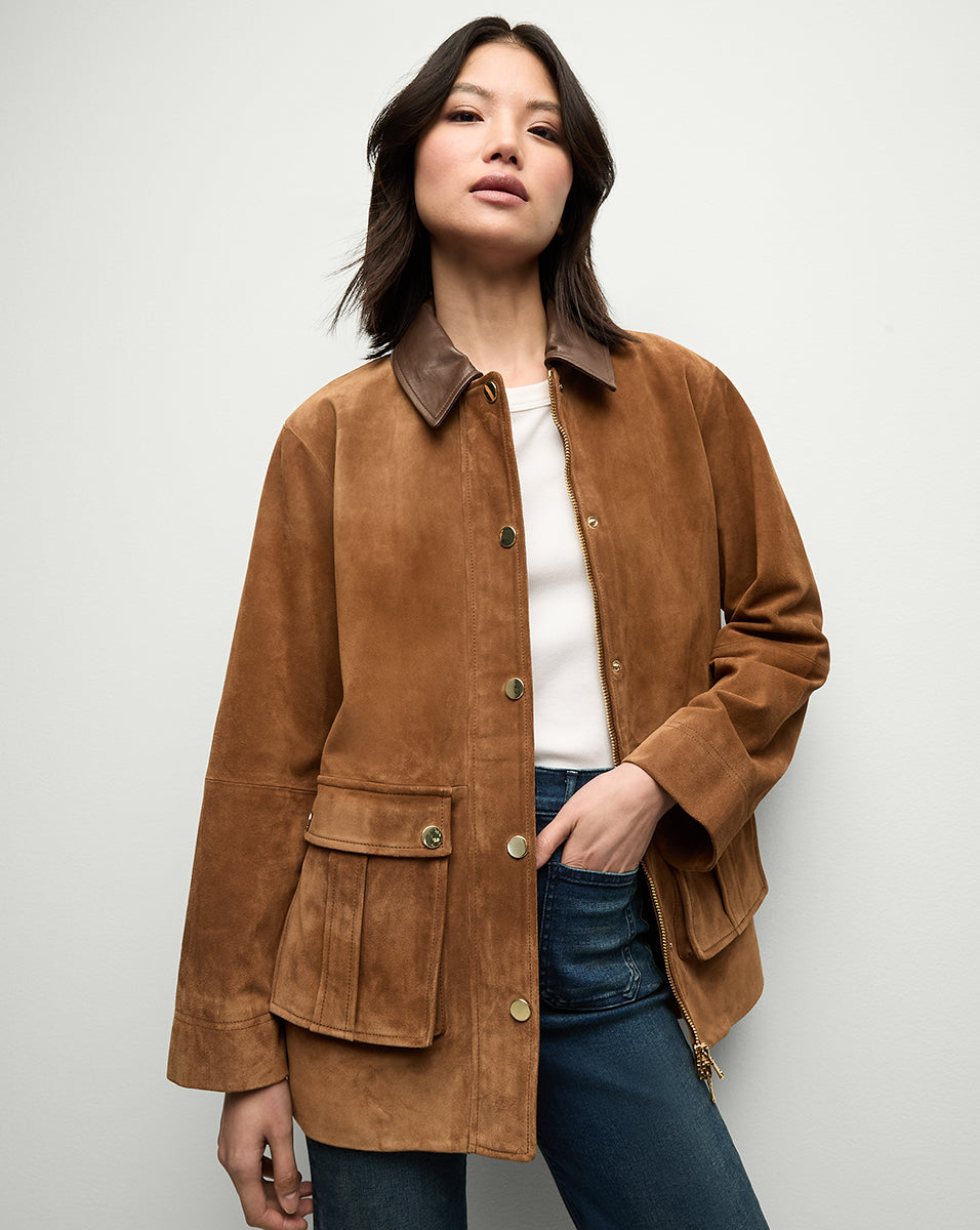 Suz Suede Dickey Chore Coat in Tan Veronica Beard