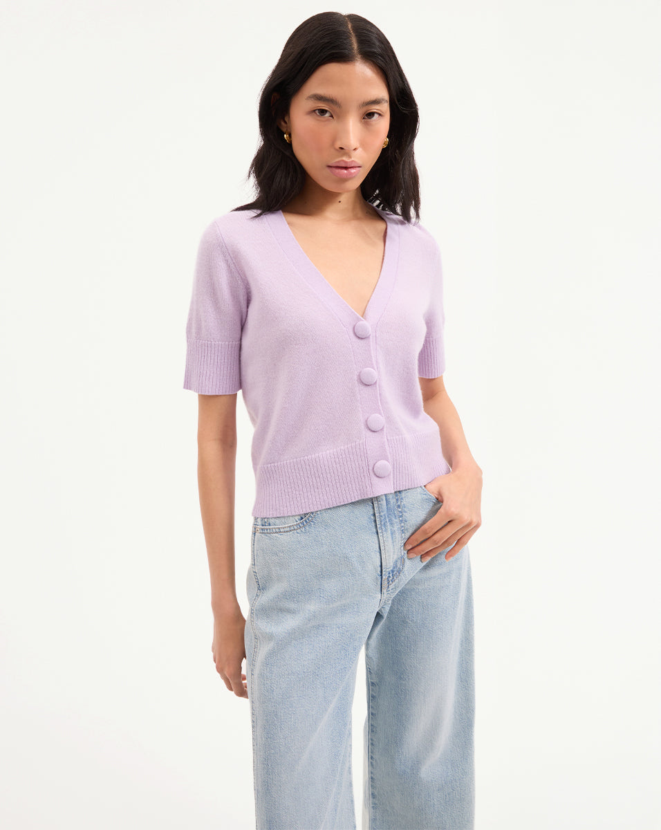 Solene Short-Sleeve Cashmere Cardigan in Soft Lilac | Veronica Beard