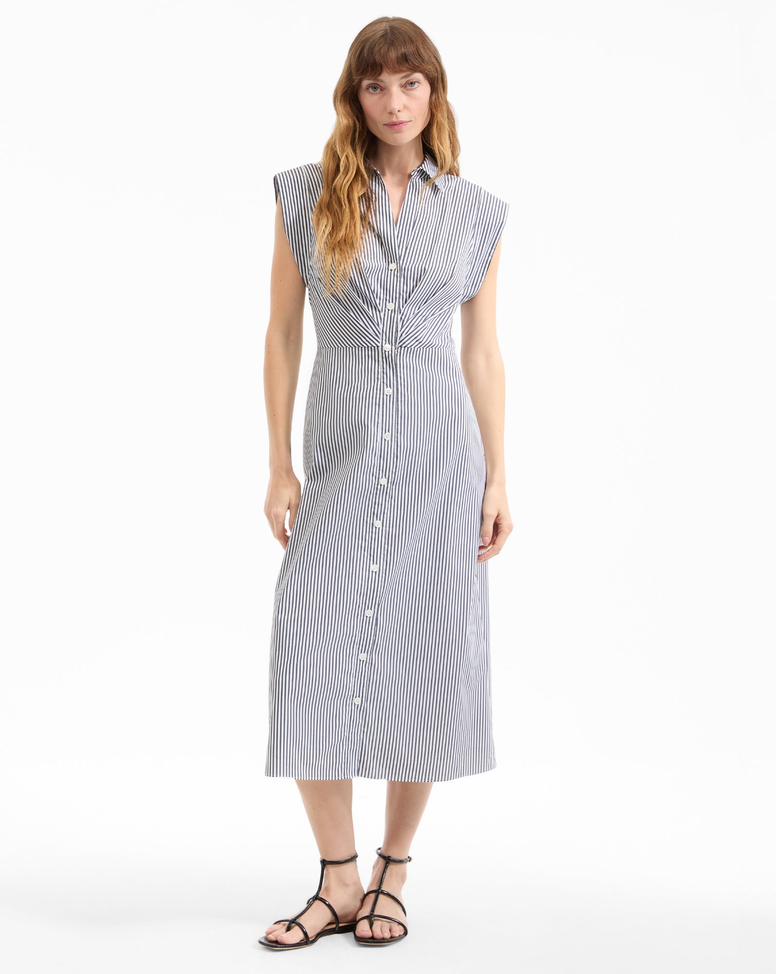 sleeveless midi shirt dress Haydon Shirtdress in Navy & White Stripes Finish:Aubergine Faux Belgian Linen Nine figure Staple the Label delivers Pink Short A-Link Lace