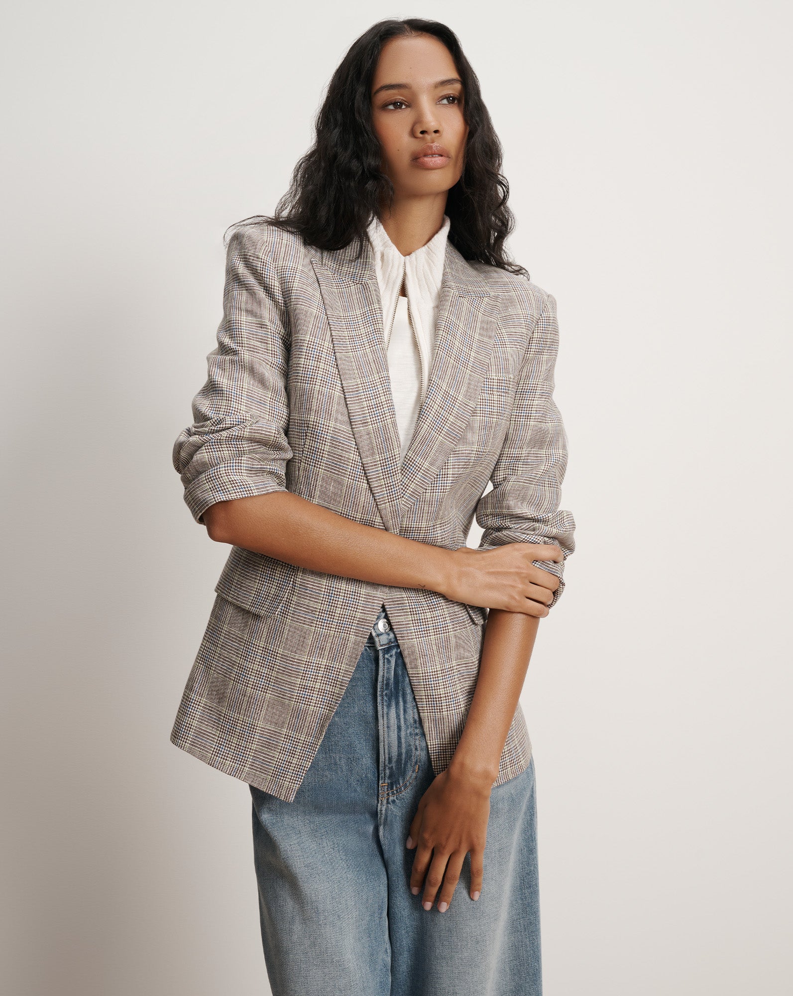 Obie Linen Dickey Jacket in Off White Plaid Multi | Veronica Beard