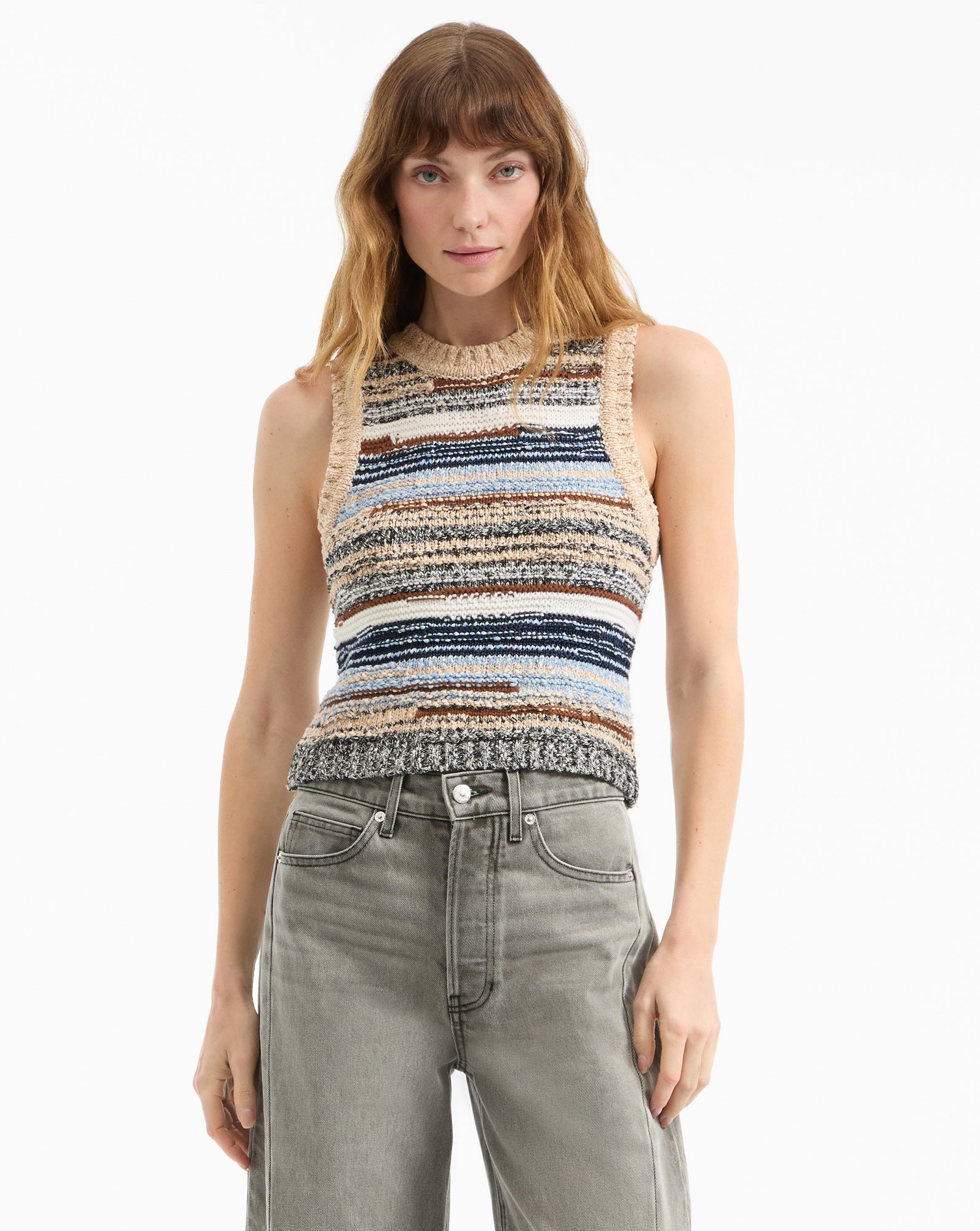 Jerrel Wool-Blend Cropped Tank Top in Blue & Brown Stripes Whisky