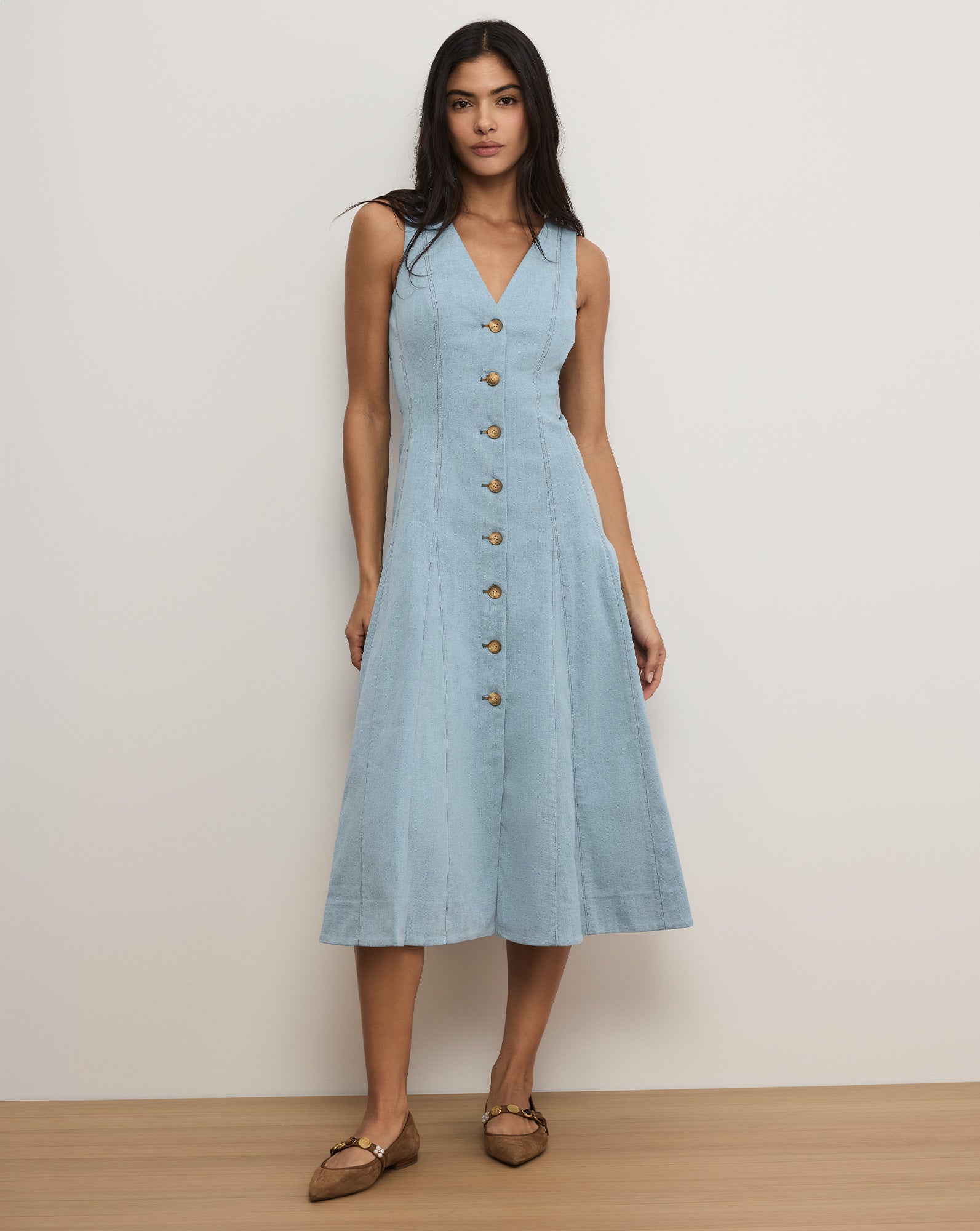 Lou Denim Pleated Midi Dress in Light Blue Mirage | Veronica Beard