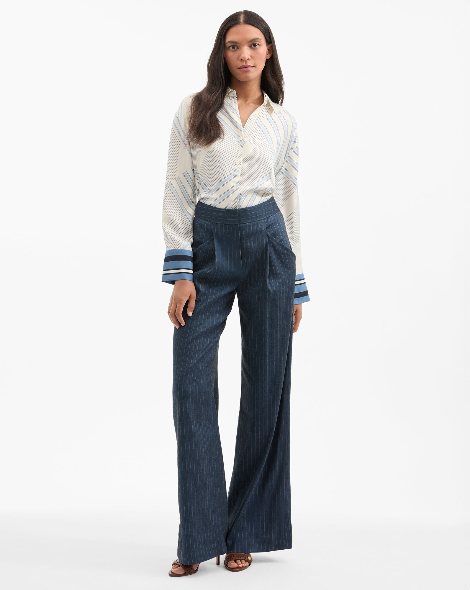 Rimini Wide-Leg Pinstripe Pant in Navy | Veronica Beard