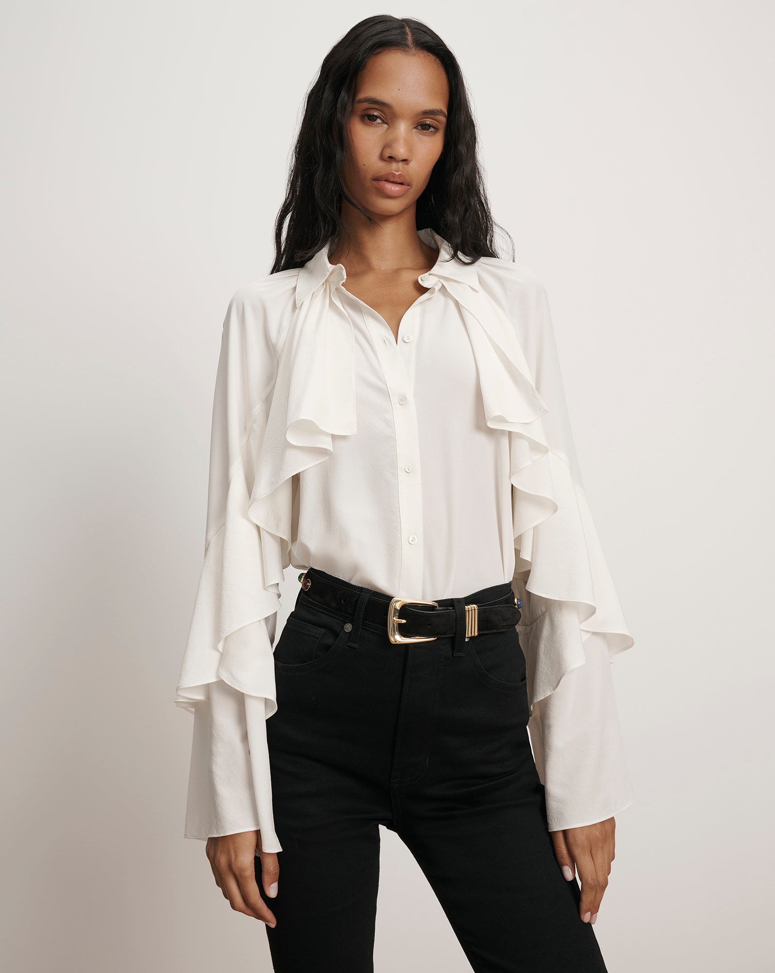 Demaris Ruffled Button-Down Blouse in White | Veronica Beard