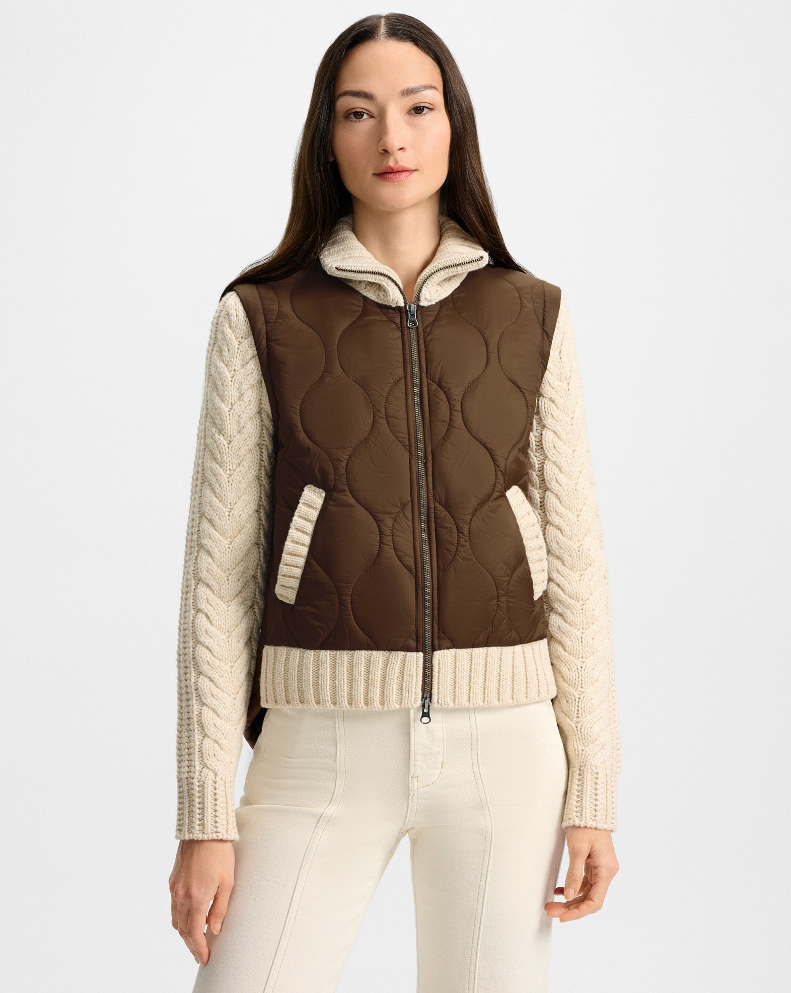 Patra Knit-Sleeve Quilted Jacket in Mocha/Heathered Sand Brown 