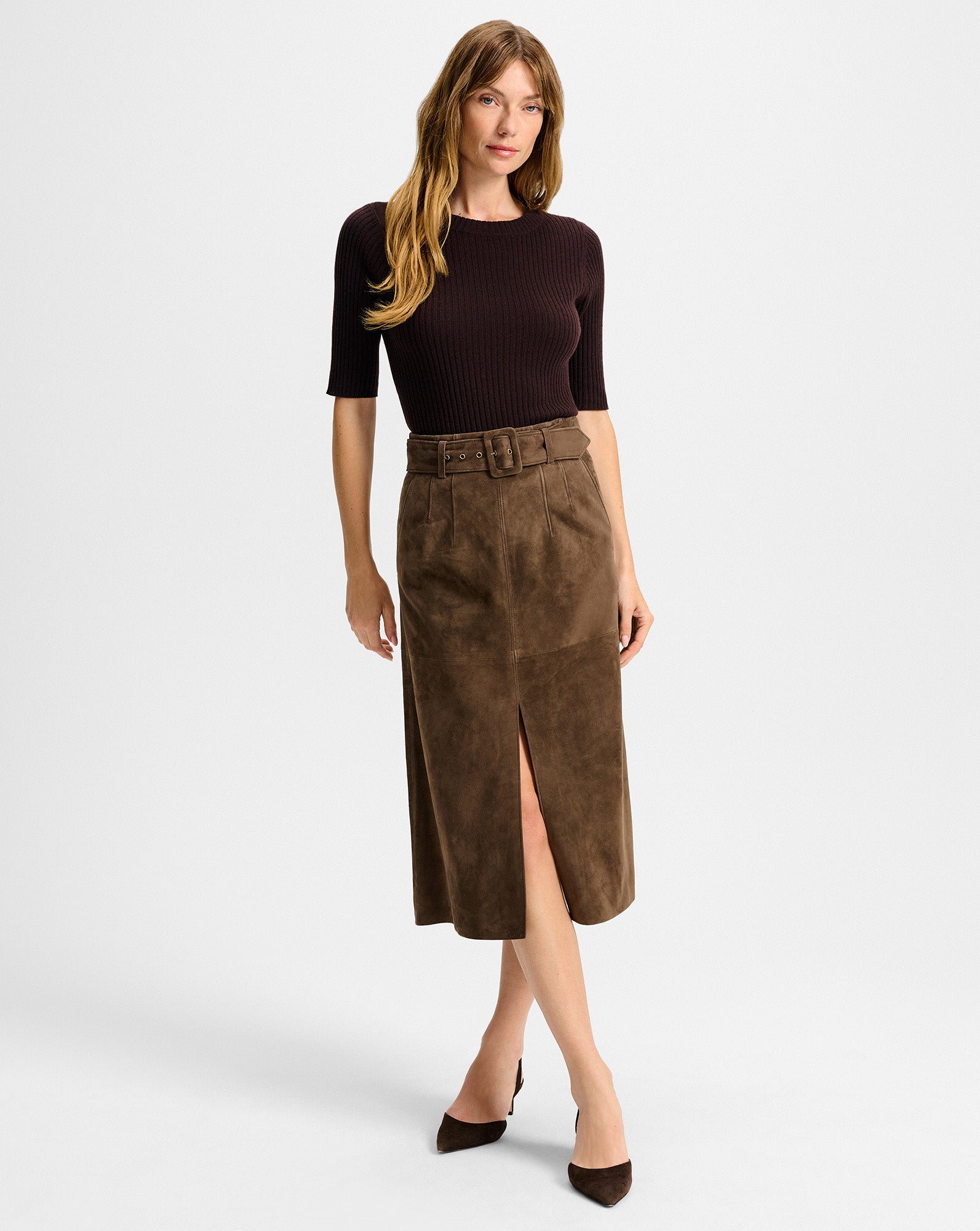 Alexie Suede Midi Skirt in Mocha Brown | Veronica Beard