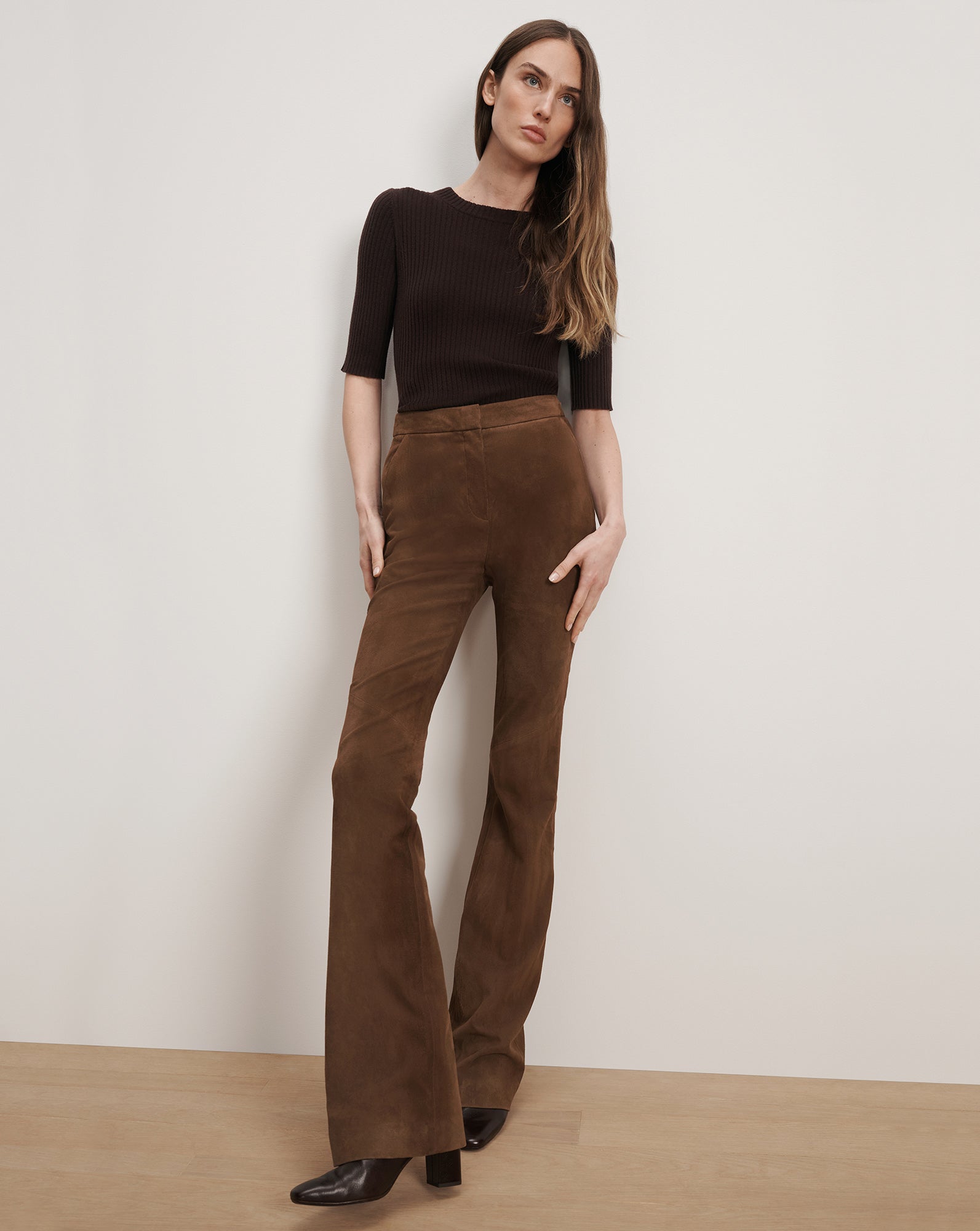Gracie Suede Flare Pant in Mocha Brown | Veronica Beard