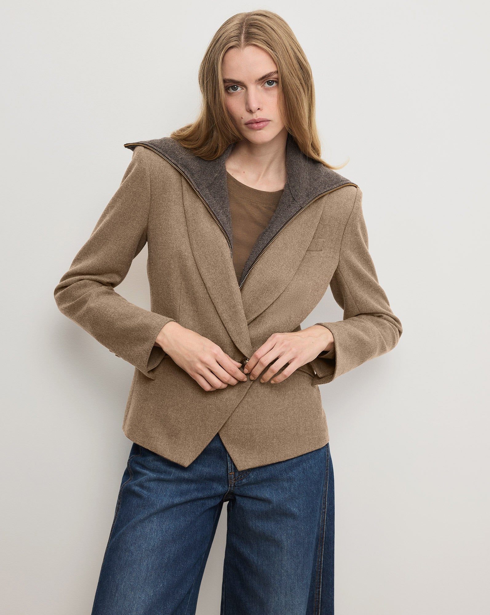 Rickie Cropped Dickey Jacket in Lichen Beige Melange | Veronica Beard