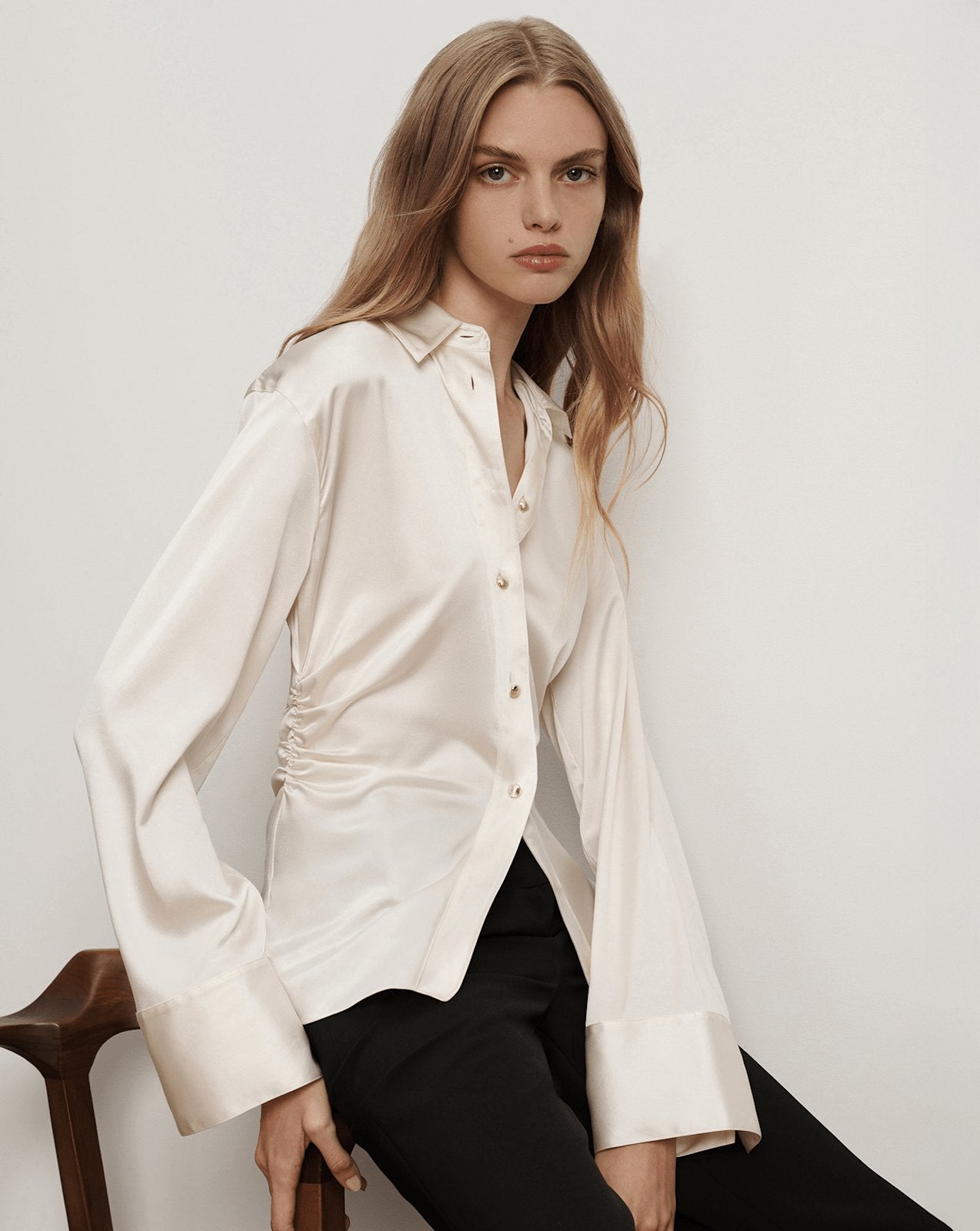 Shiona Stretch-Silk Rouched Blouse in Off-White Dove White