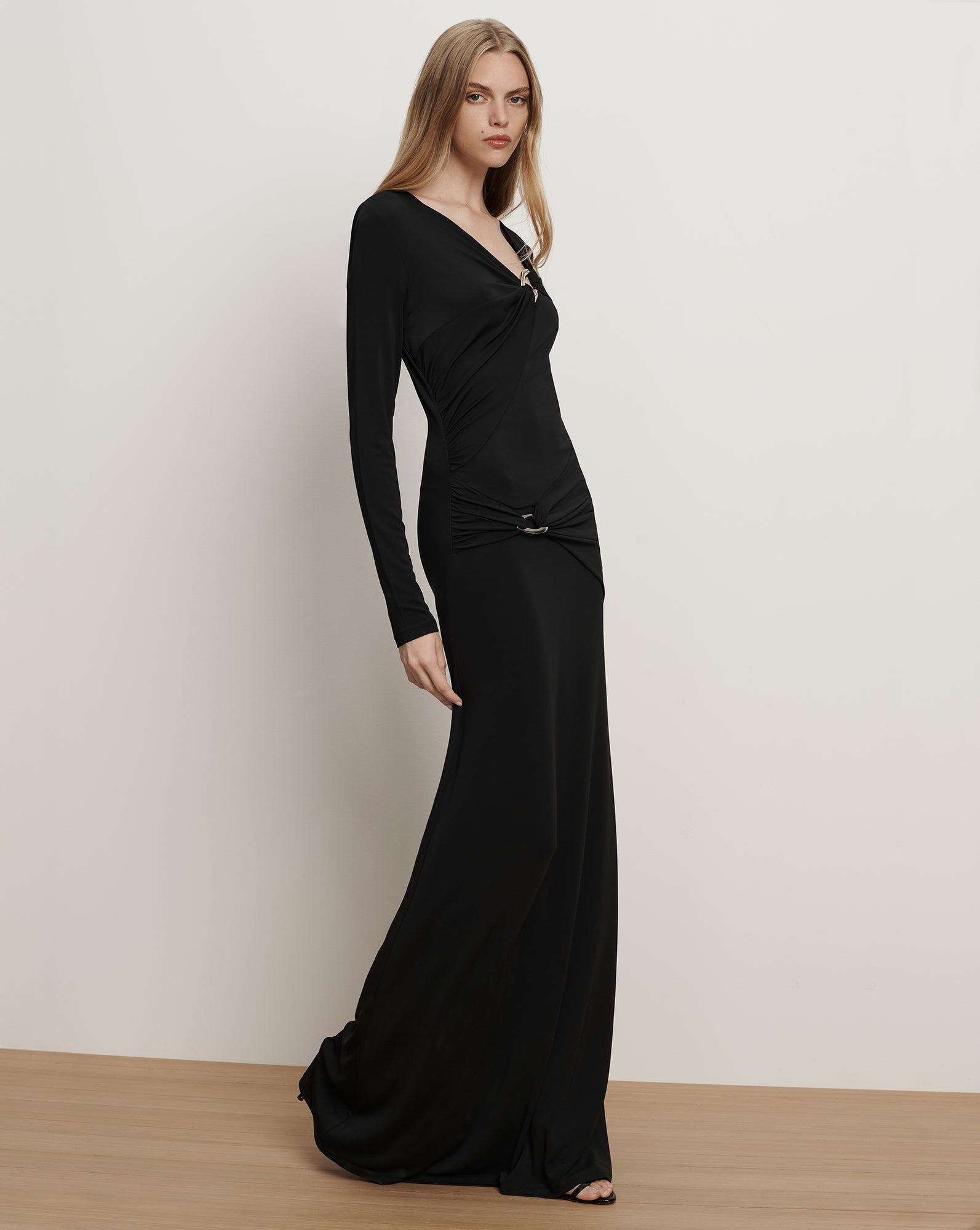 Viela O-Ring Long-Sleeve Maxi Dress in Black | Veronica Beard