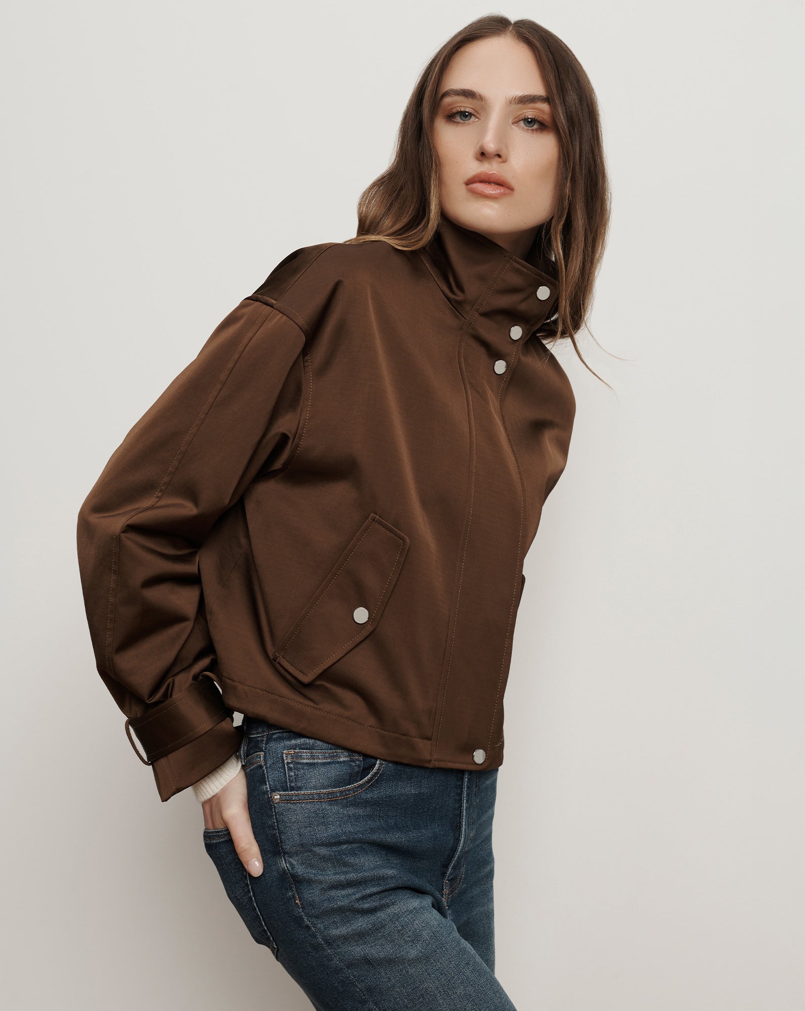 Bateman Cropped High-Neck Jacket in Brown Walnut | Veronica Beard