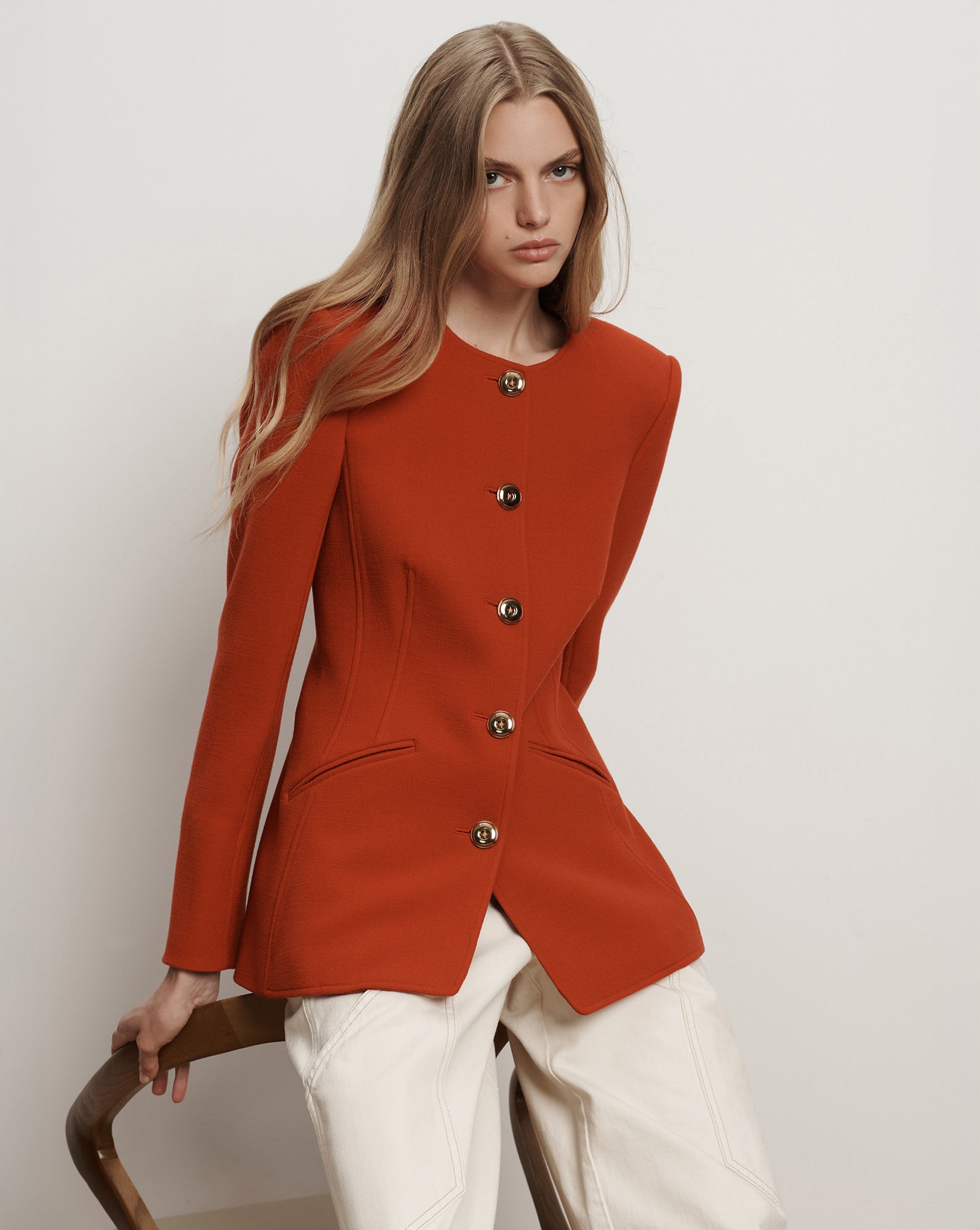 Jessup Tailored Collarless Jacket in Carnelian Red | Veronica Beard