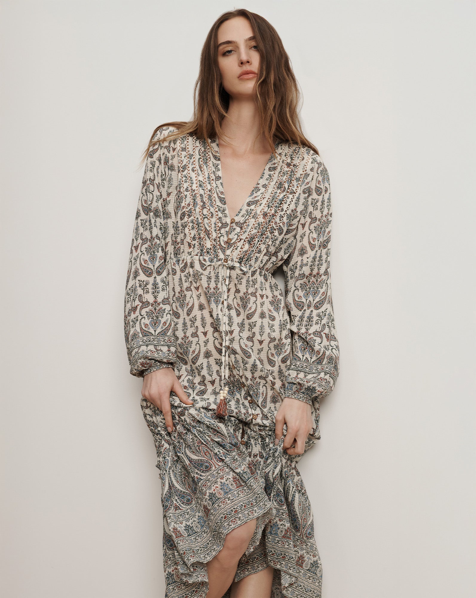 Vani Paisley V-Neck Midi Dress in Ecru Multi | Veronica Beard