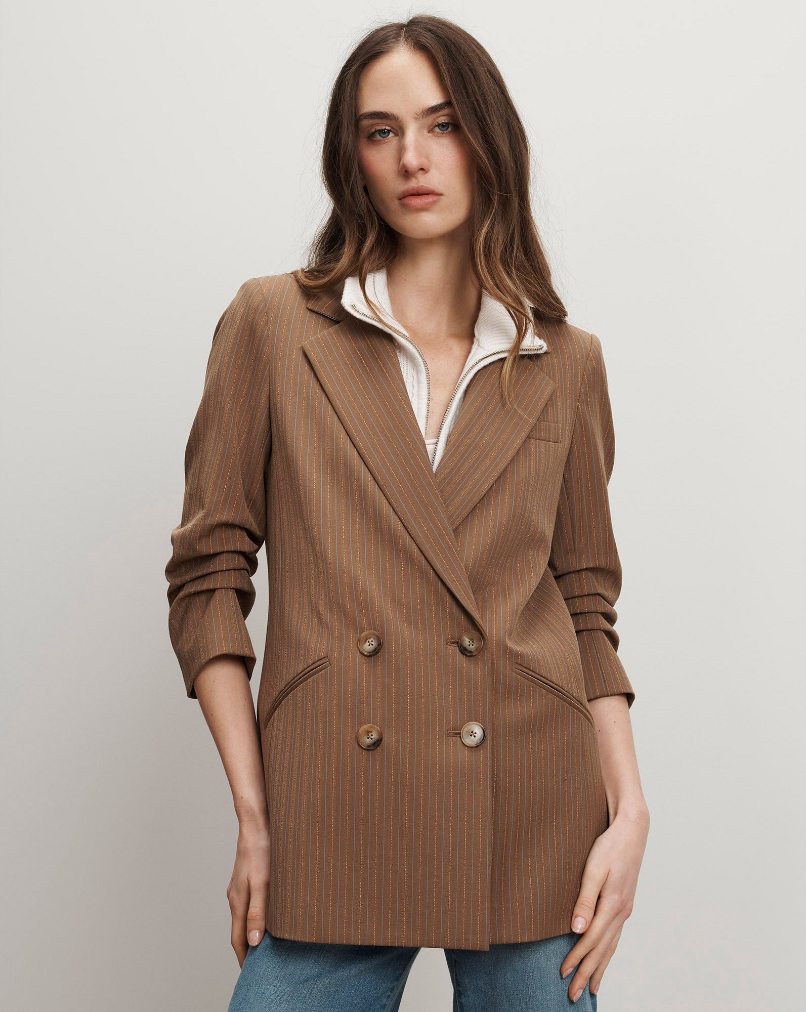 Rupert Dickey Jacket in Brown Pinstripe Malt Multi | Veronica Beard