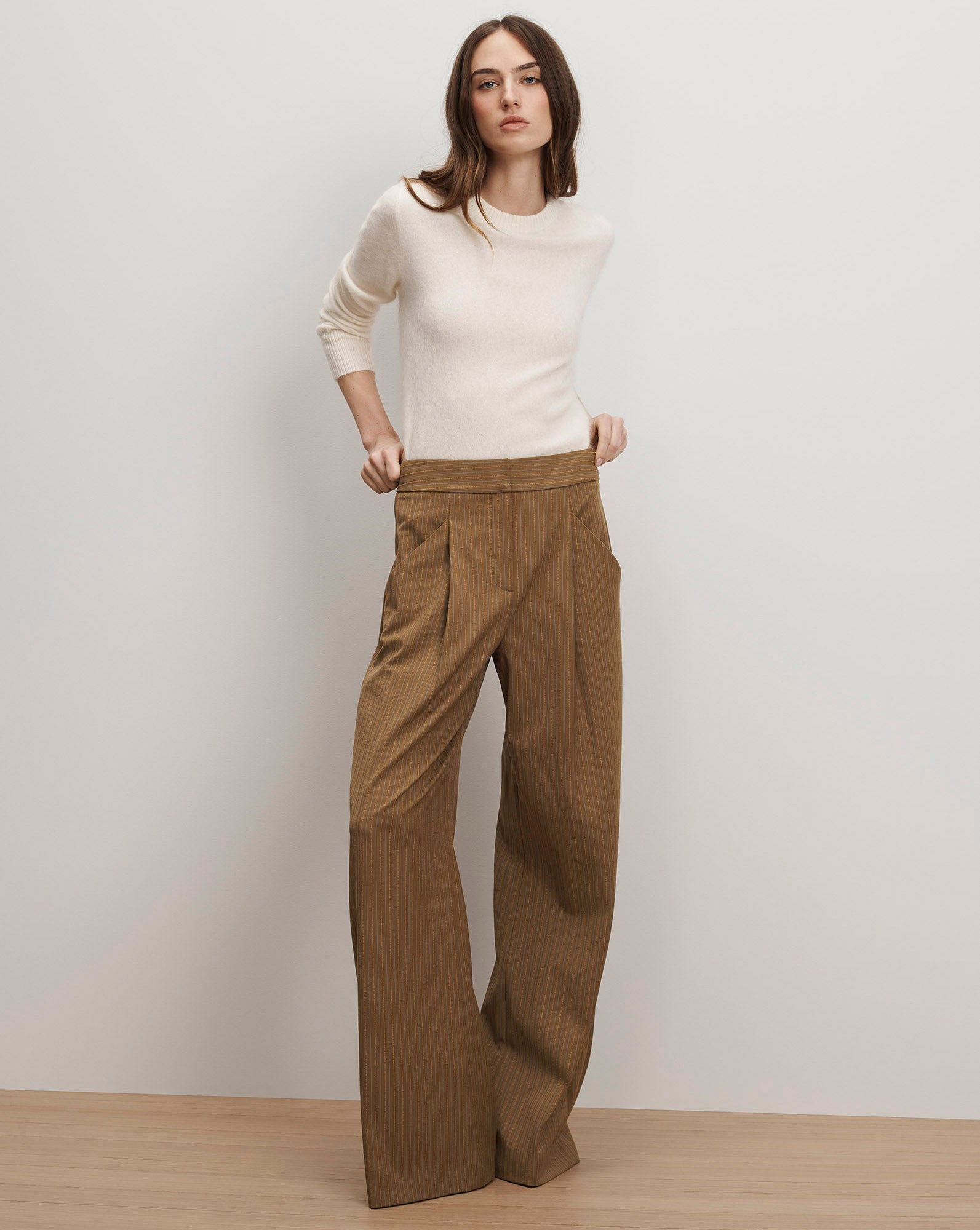 Rimini Wide-Leg Pant in Brown Pinstripe Malt Multi | Veronica Beard