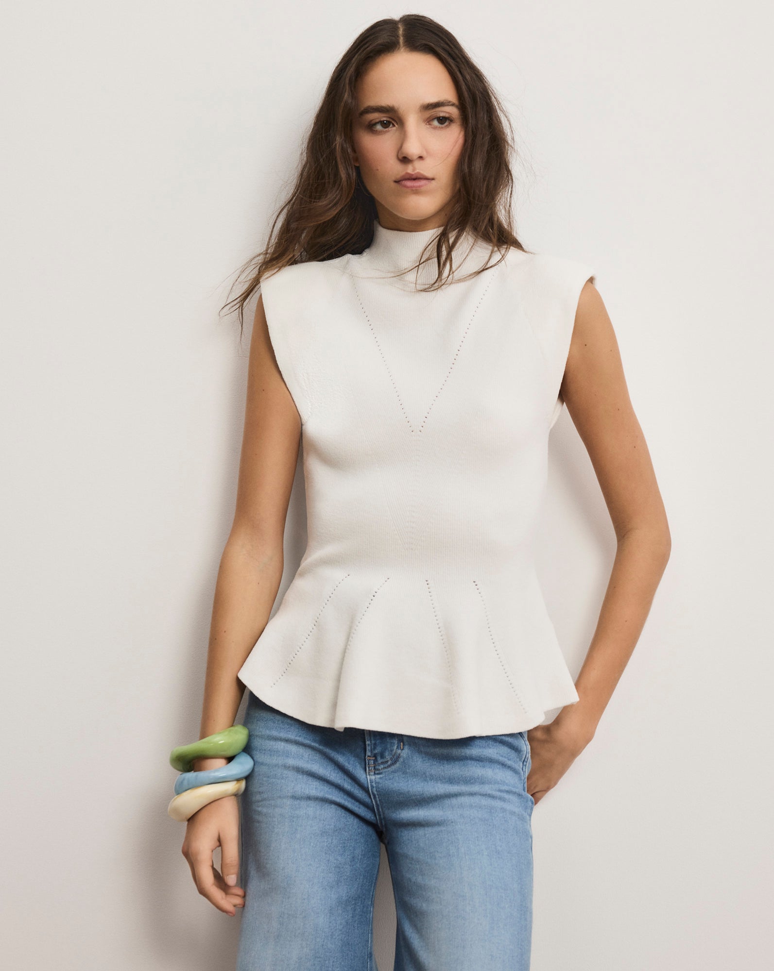 Seraphine Knit Peplum Top in Off White | Veronica Beard