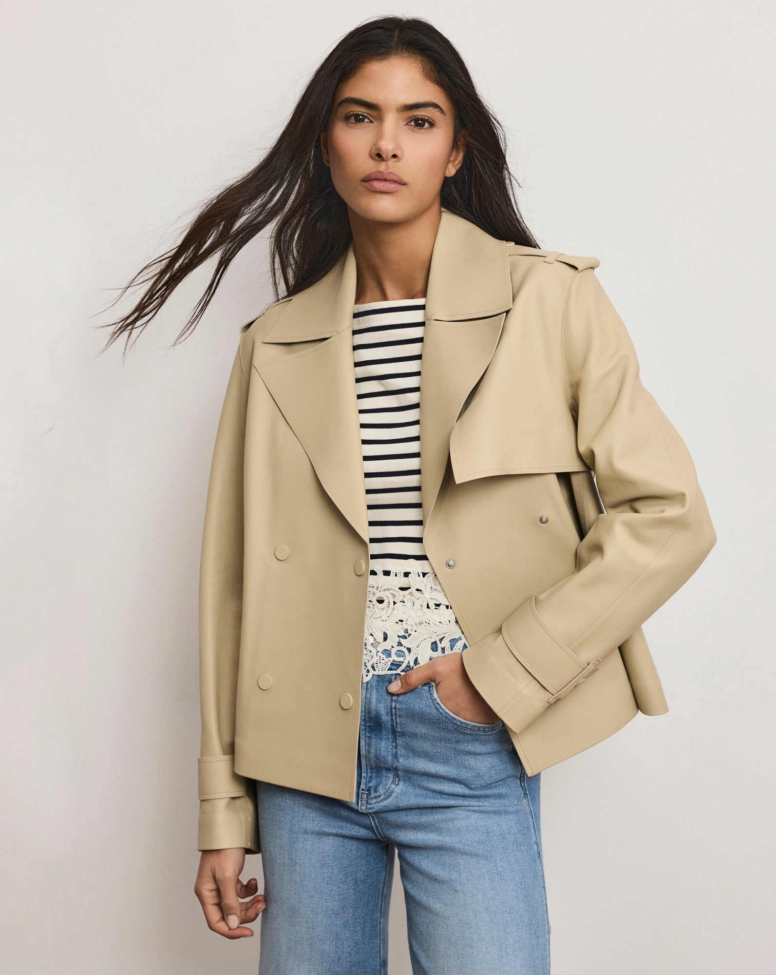 Heathcliff Cropped Leather Trench Coat in Stone Khaki | Veronica Beard