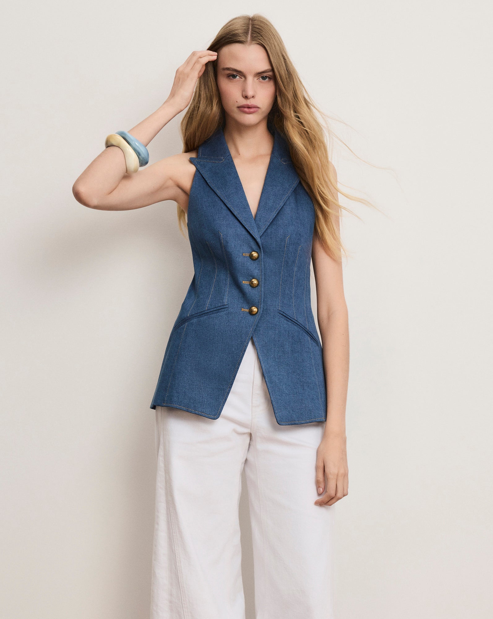 Costa Sleeveless Denim Vest in Blue | Veronica Beard