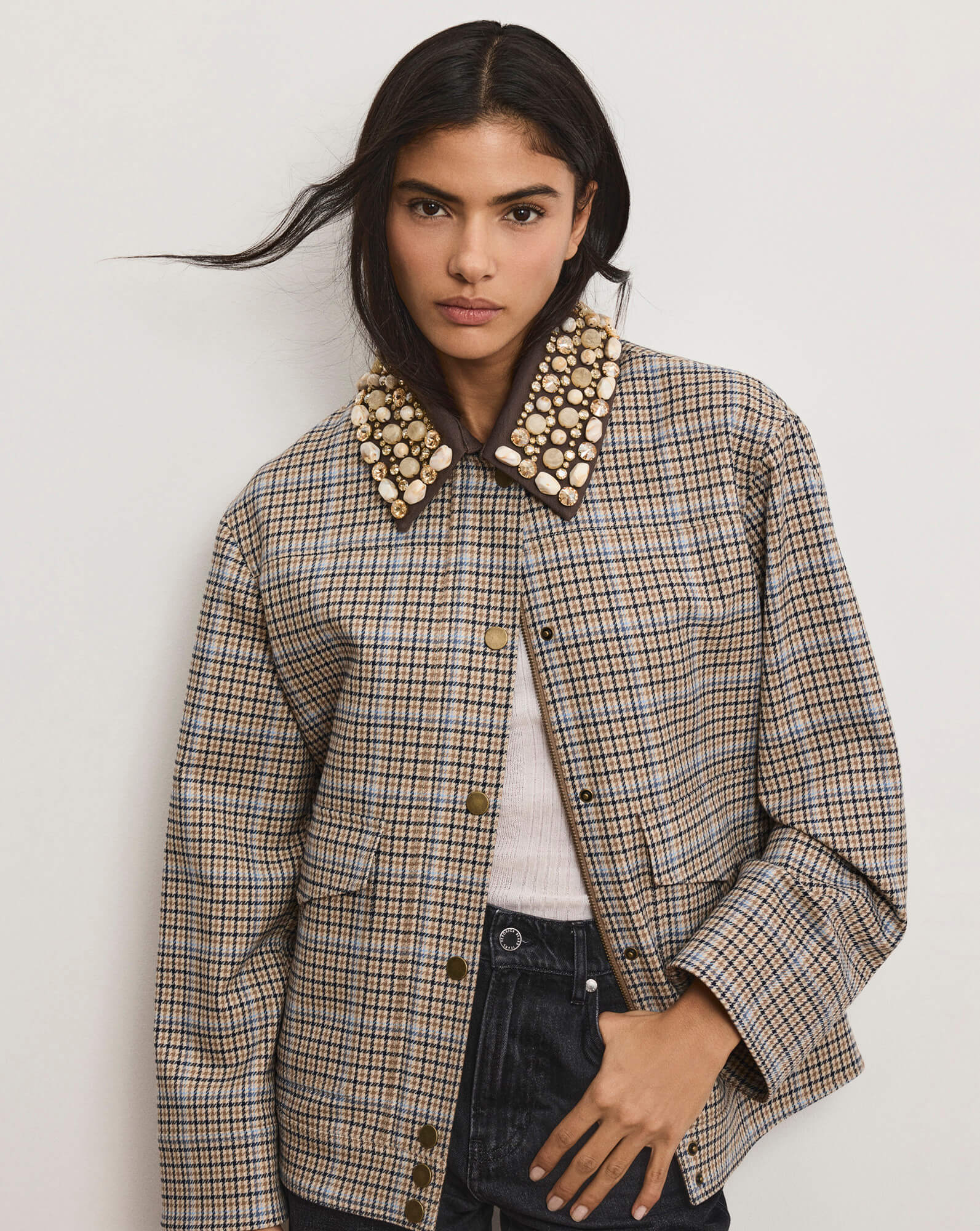 Kasper Plaid Chore Jacket in Brown & Blue | Veronica Beard