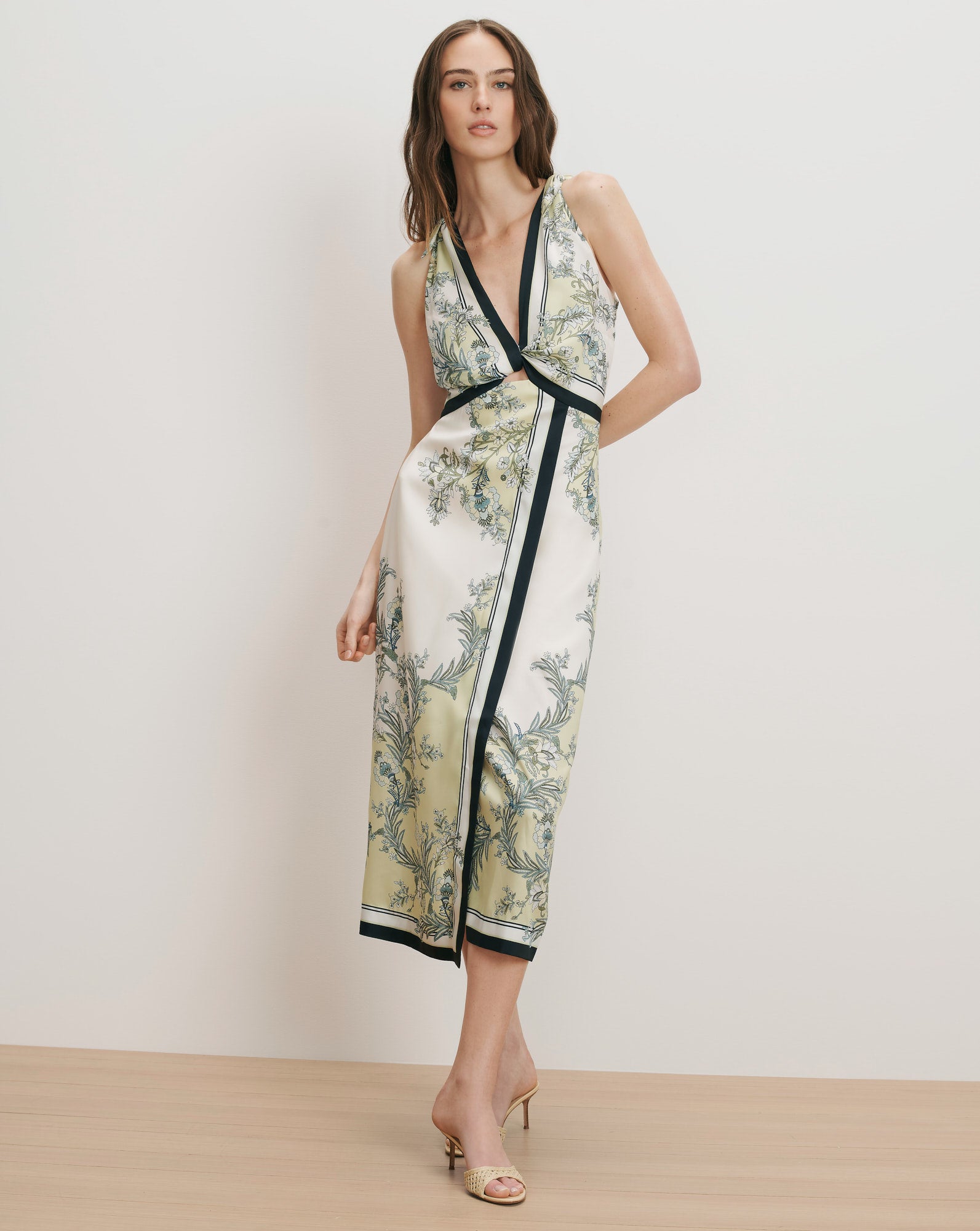 Kaliza Scarf-Print Midi Dress in Light Pistachio Multi | Veronica