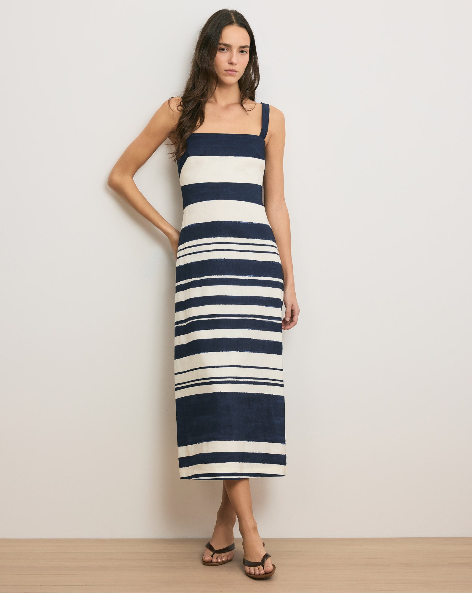 Ella Striped Linen Midi Dress in Navy & Dove Stripes | Veronica Beard