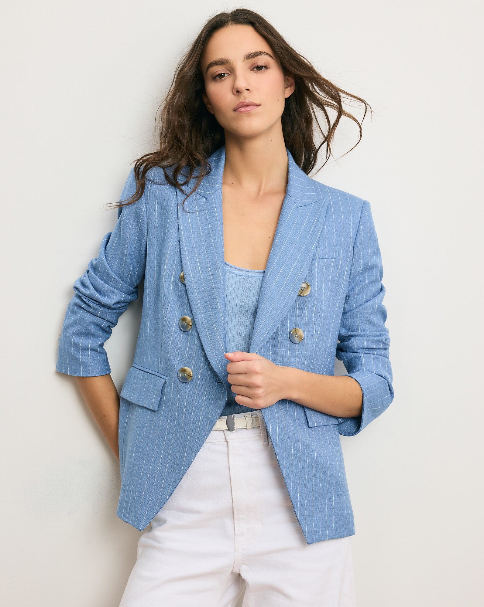 Miller Pinstripe Dickey Jacket in Blue Jay/Dove White | Veronica Beard