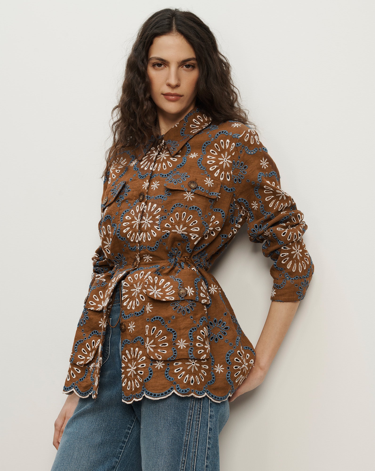 Kiki Embroidered Linen Eyelet Jacket in Brown | Veronica Beard Kiki Embroidered Linen Eyelet Jacket in Brown | Veronica Beard
