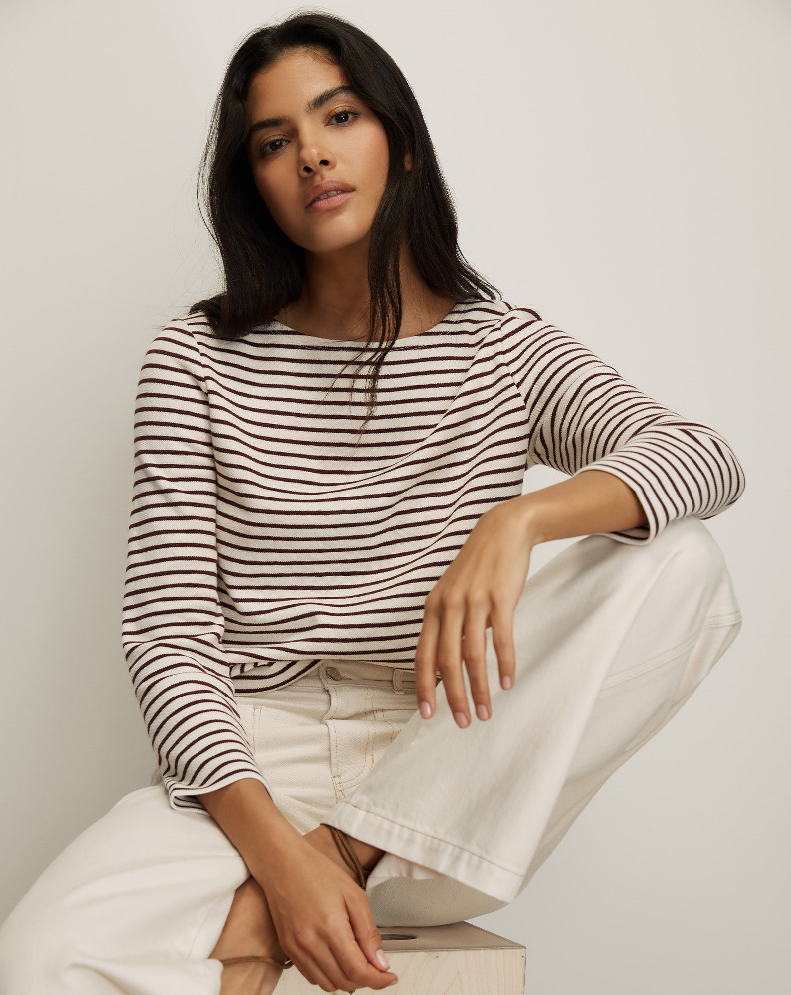Hovey Striped Boatneck Top in Dove White & Raisin Burgundy