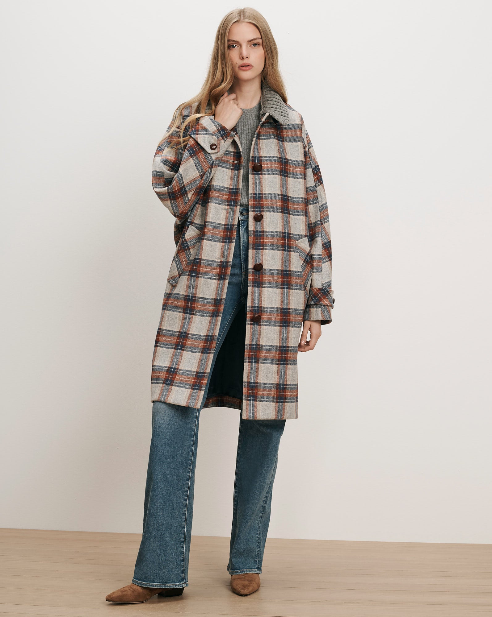 Laurent Removable-Collar Dickey Coat in Heather Grey & Red Plaid
