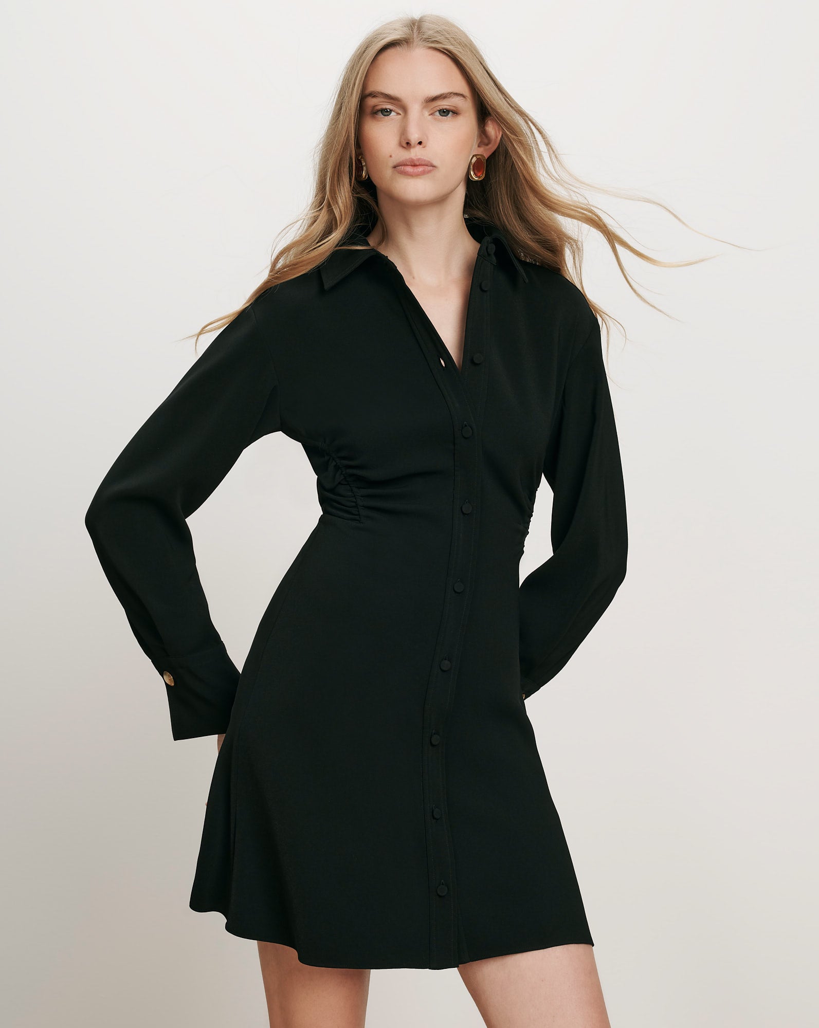 veronica beard ruched shirt dress Shiloh Mini Shirtdress | Black 3% Elastane Dry clean Joyau Éternel SIZE:2XS-5M Muscle Short Sleeve Button