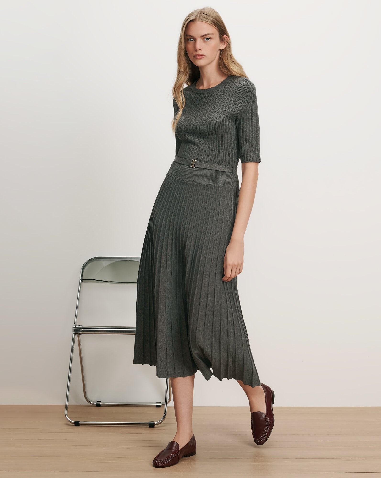 Elthea Belted Midi Dress in Charcoal Heather Grey