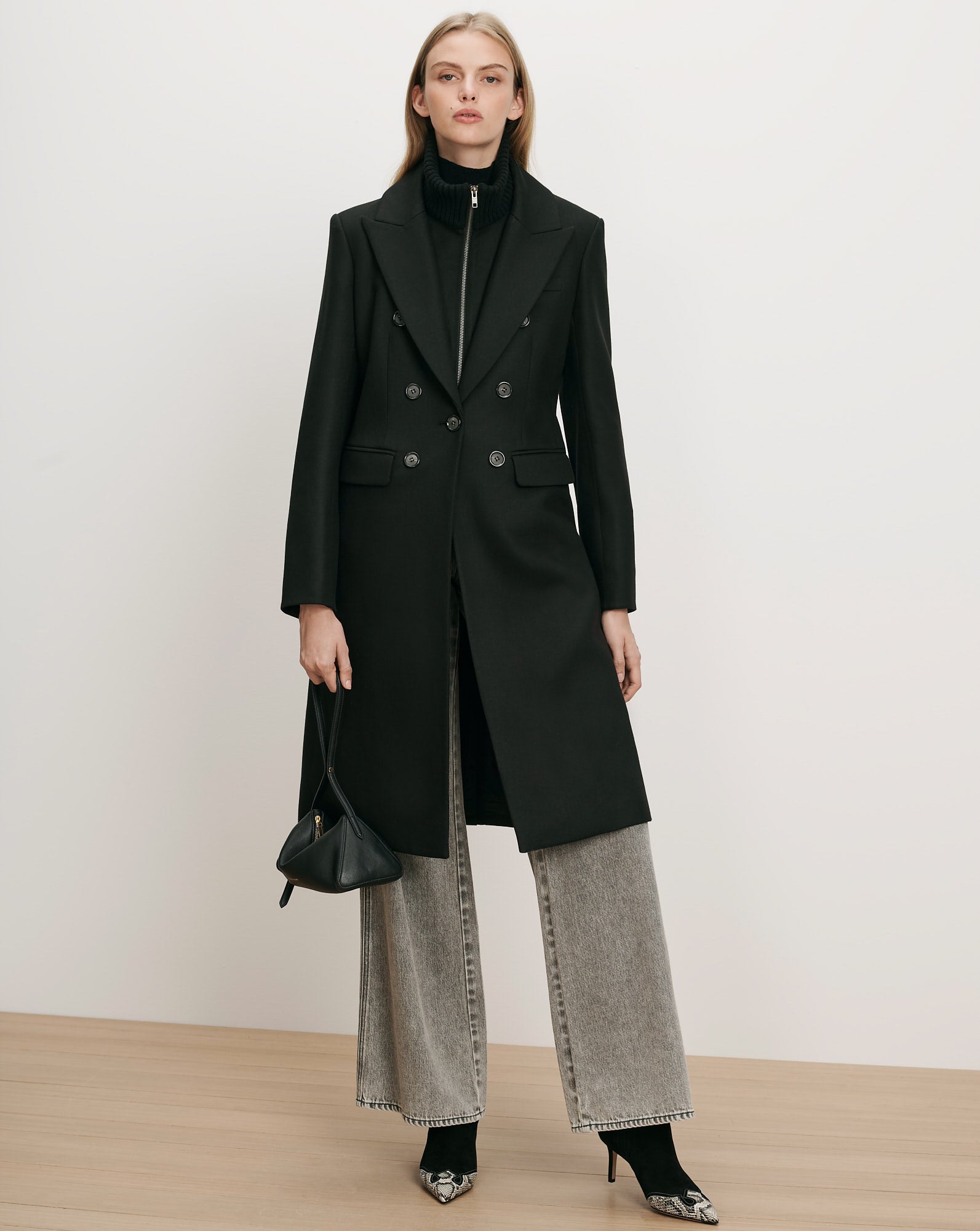 Stryder Double-Breasted Dickey Coat in Black | Veronica Beard