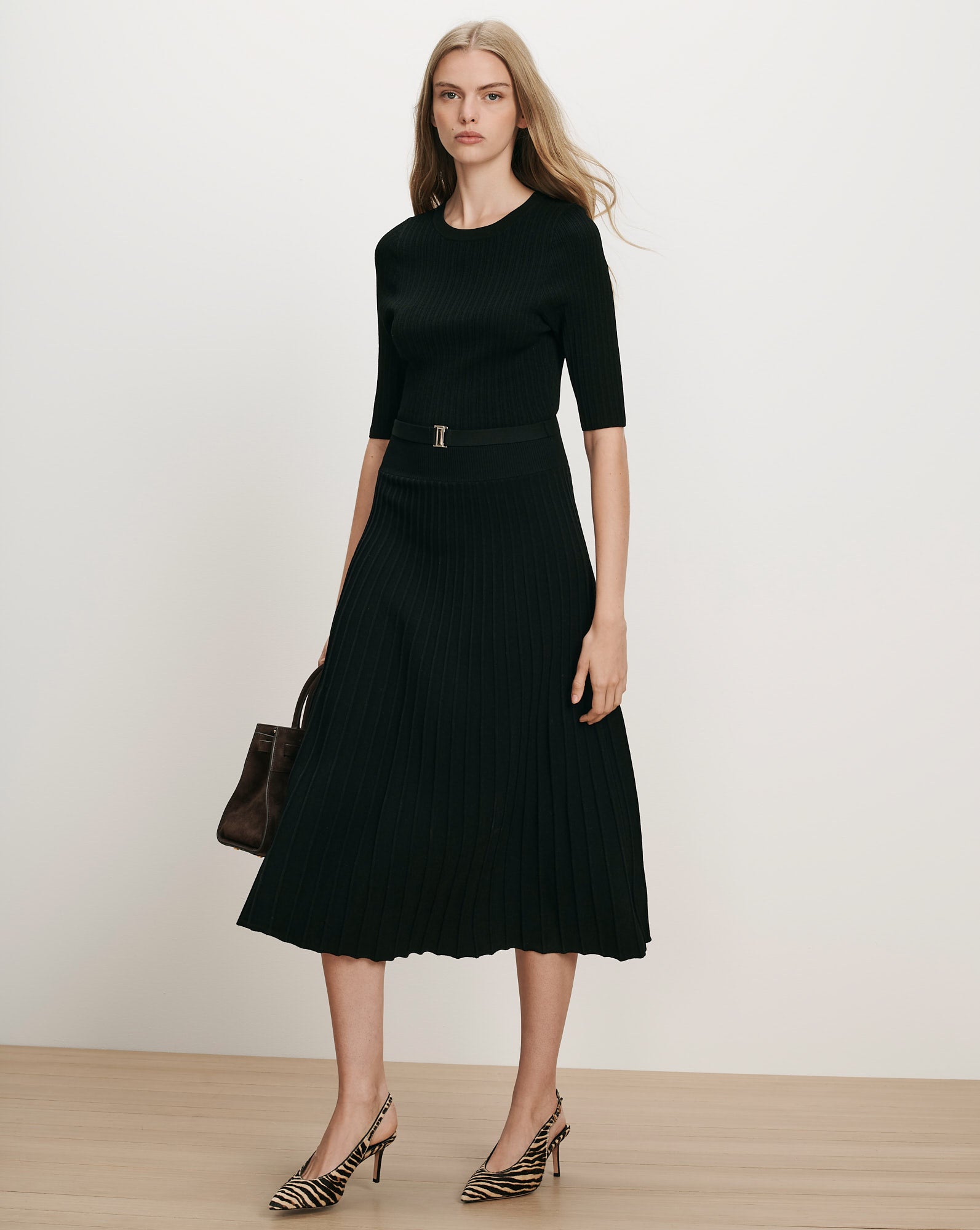 Elthea A-Line Belted Midi Dress in Black