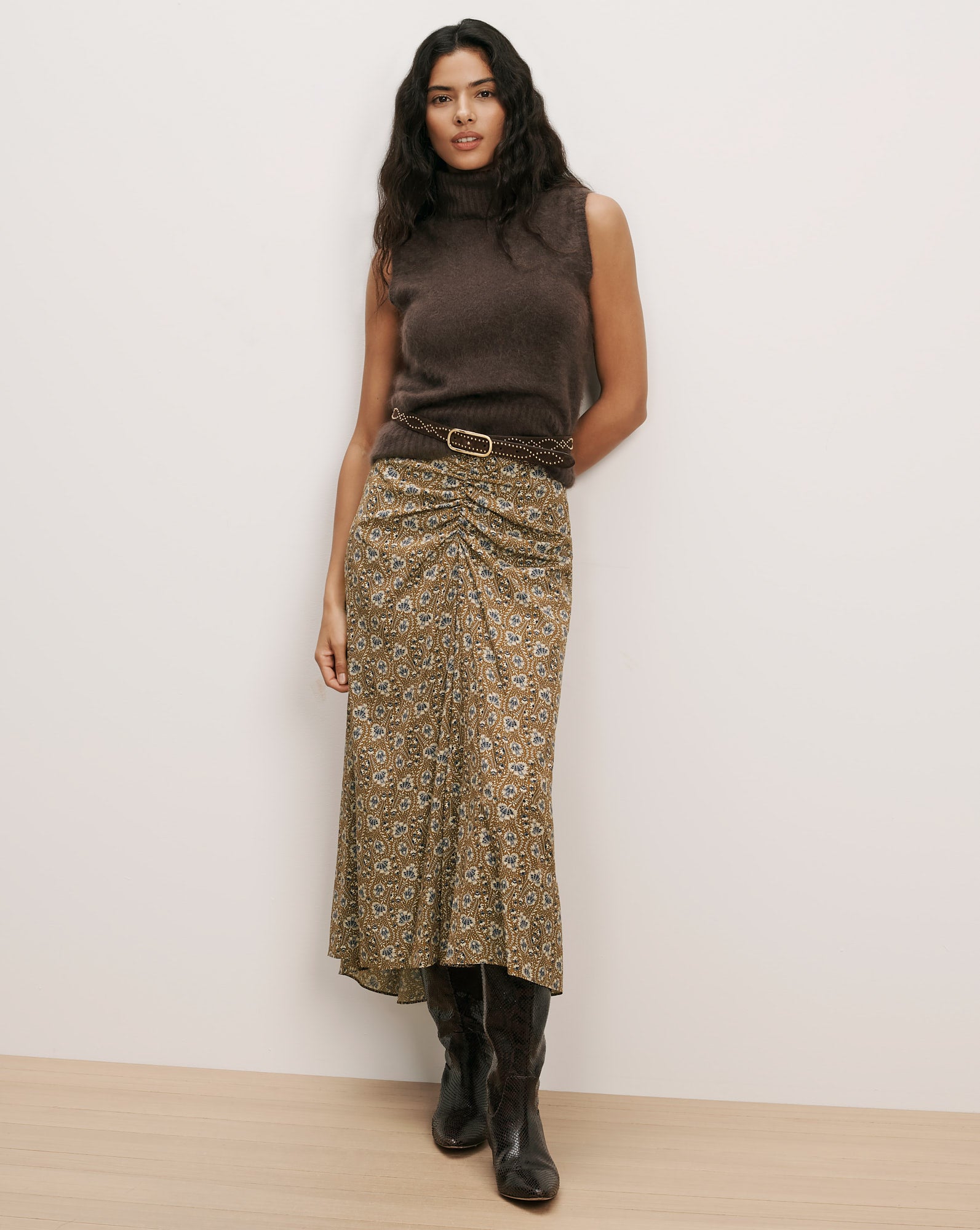 Limani Floral Midi Skirt in Tan & Blue Acorn Multi | Veronica Beard