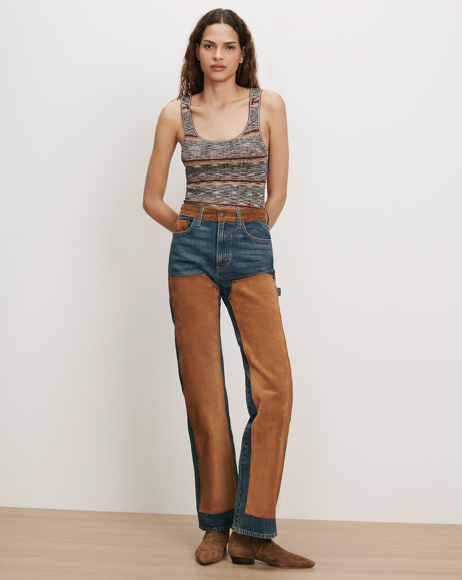 Dylan Suede Patchwork Straight-Leg Jeans in Blue | Veronica Beard