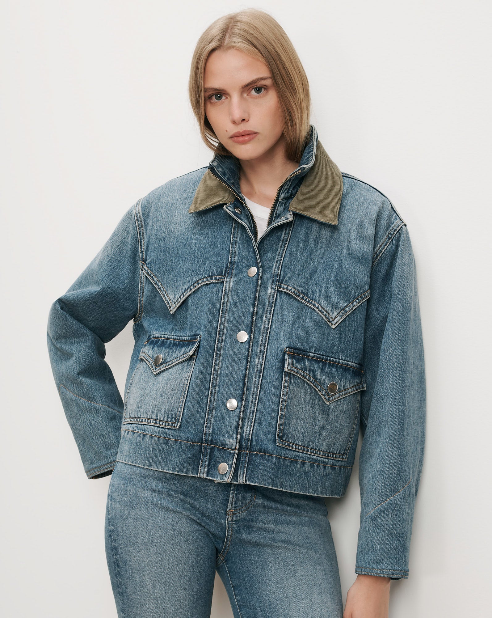 Wegner Denim Jacket with Green Cord Collar | Veronica Beard