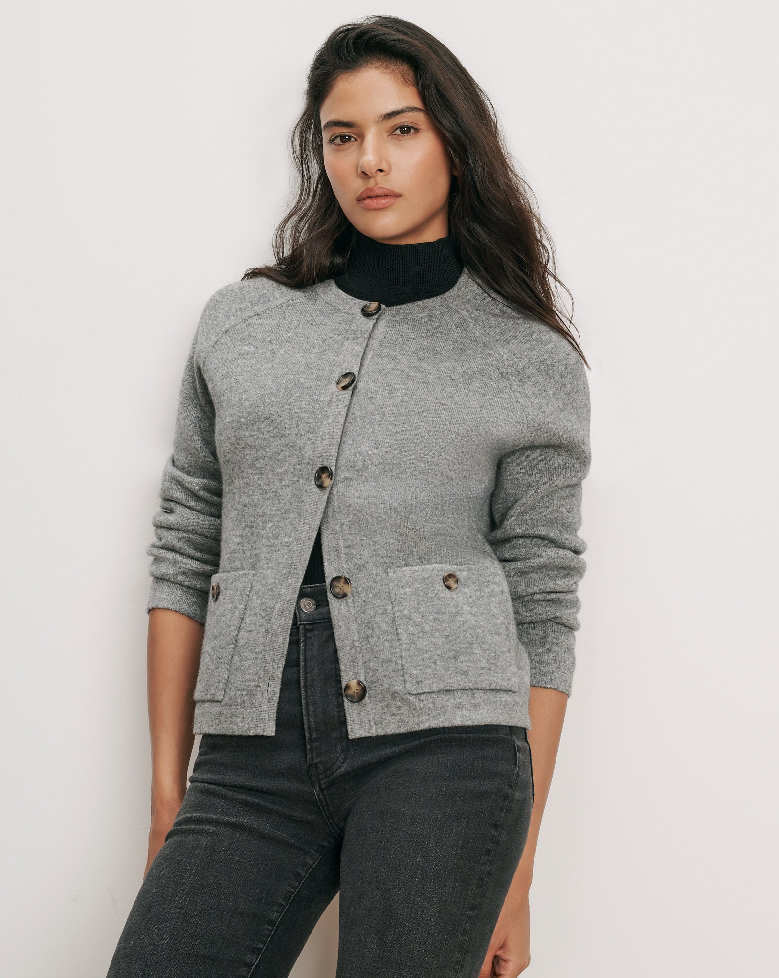 Elwood Merino Wool Cardigan in Medium Heather Grey | Veronica Beard