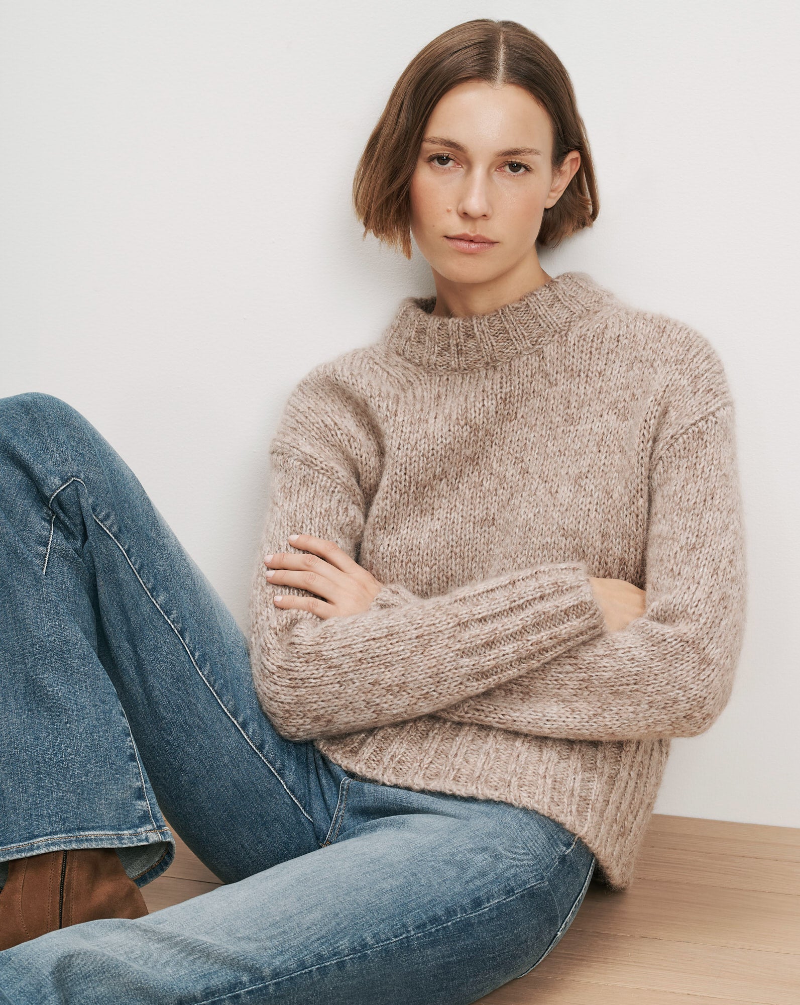 Andi Mock-Neck Sweater in Marled Oatmeal - Veronica Beard