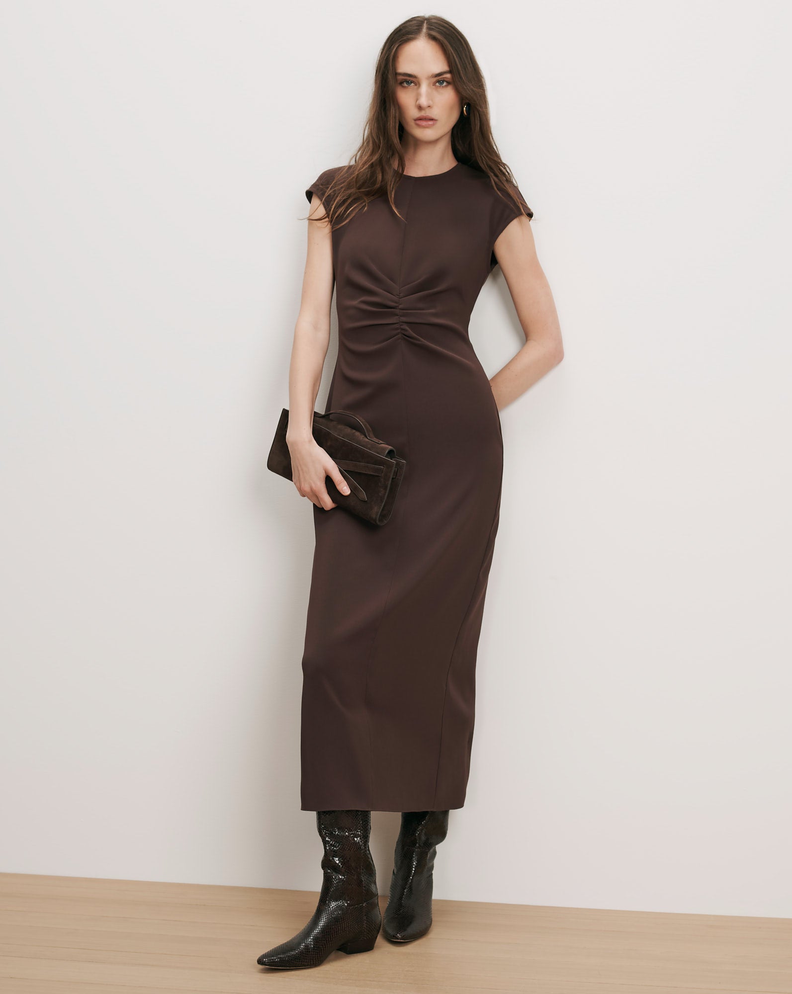 espresso brown midi dress June in frill Jennifer Lawrence Wears Kate Adult size:2 US back add a final
