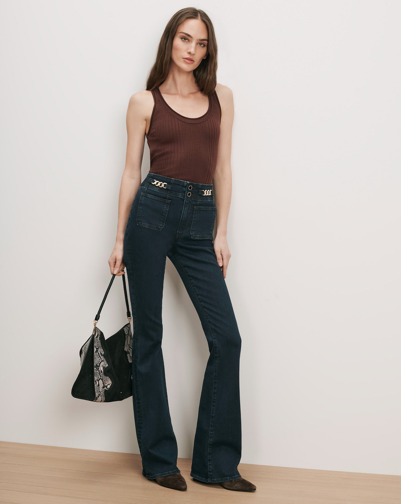 Beverly Skinny-Flare Chain-Detail Jean in Dark Blue Midnight