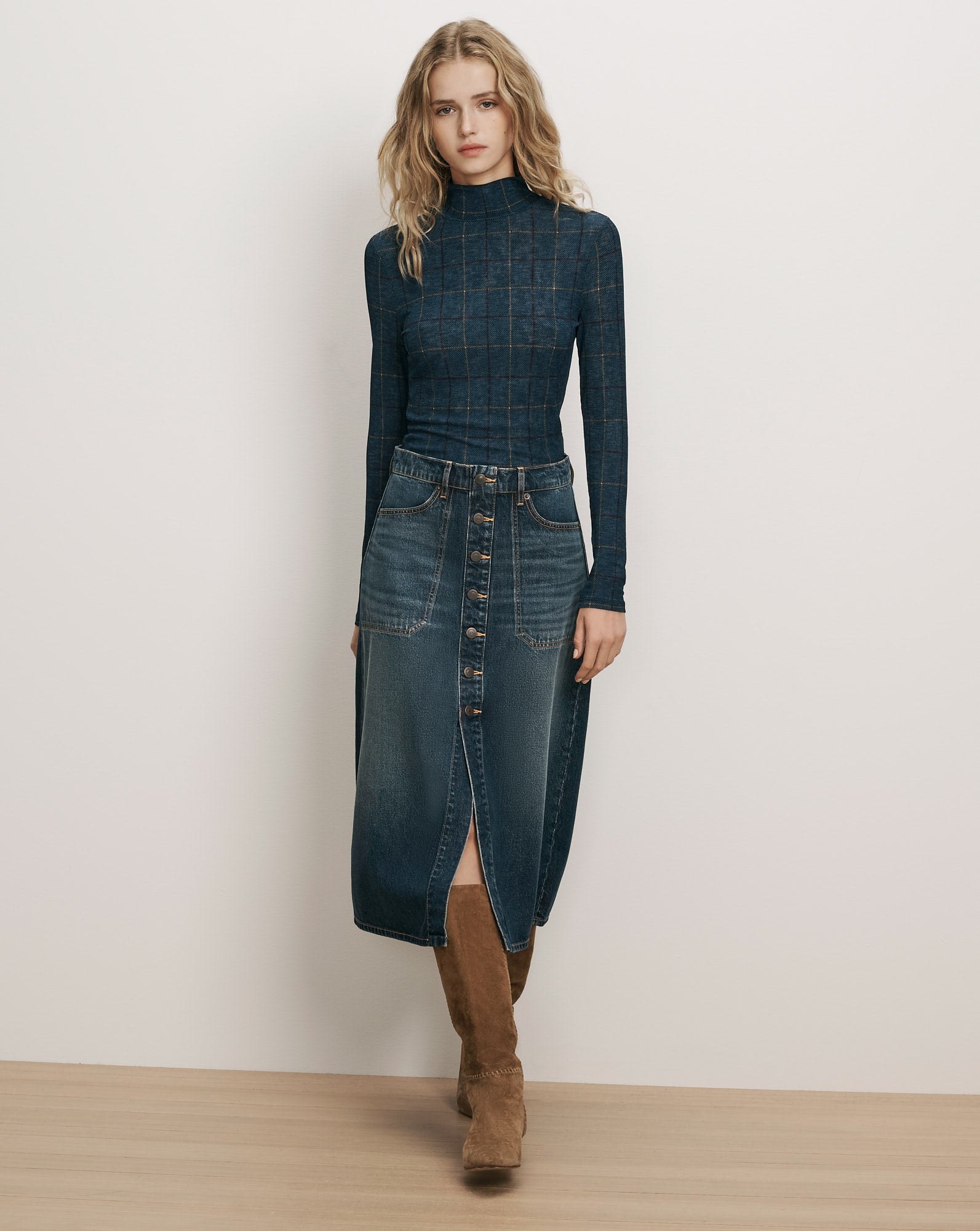 Hathaway Denim Maxi Skirt in Blue Denim | Veronica Beard