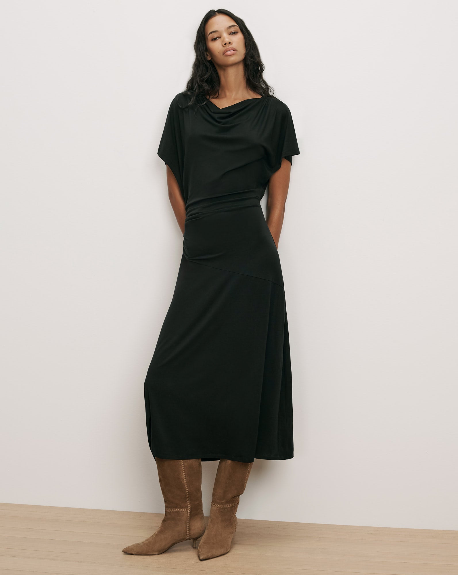 black midi ruched dresses Lila Dress in This versatile piece will