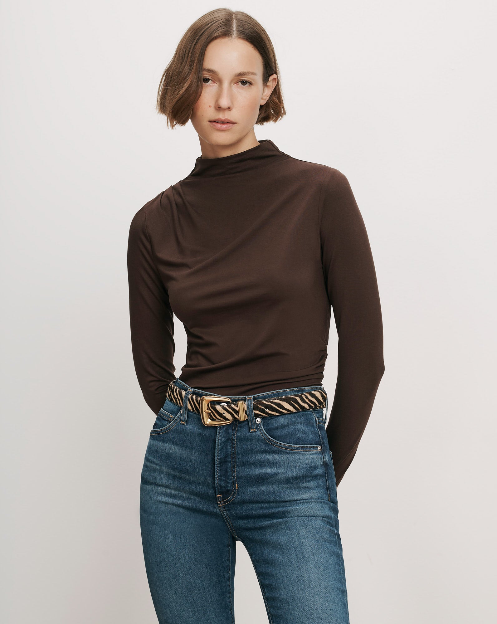 Mylie Mock-Neck Top in Dark Brown | Veronica Beard
