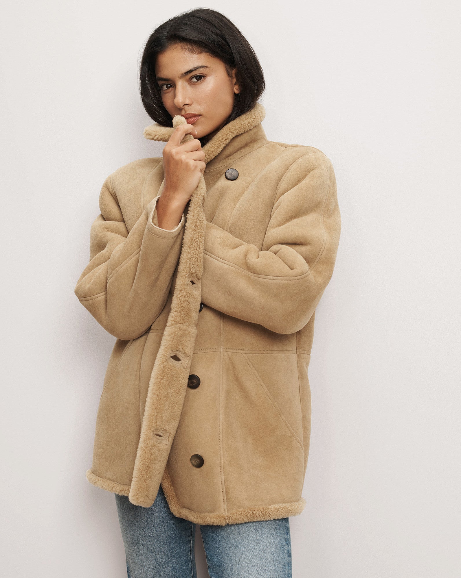 Lavington Suede Shearling Coat in Desert Khaki | Veronica Beard