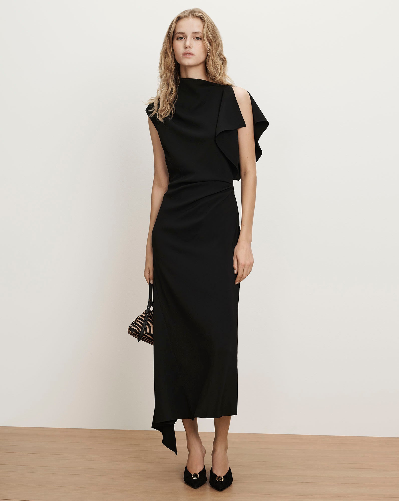 Brett Asymmetric Midi Dress in Black | Veronica Beard