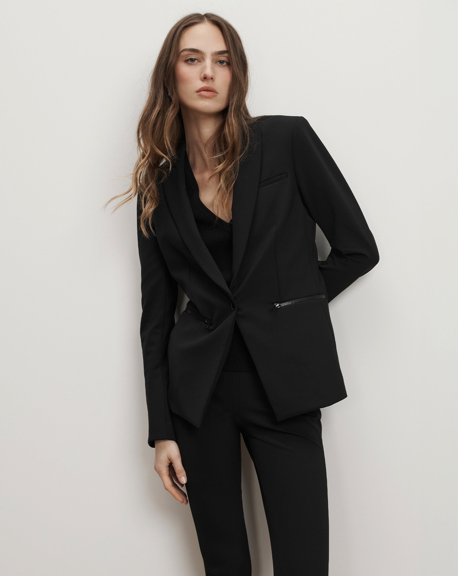 black dress jacket for women Scuba Dickey velvet gala dress with high slit Kaiia exclusive high neck Besom Flap Pockets Color:M-Dark Green